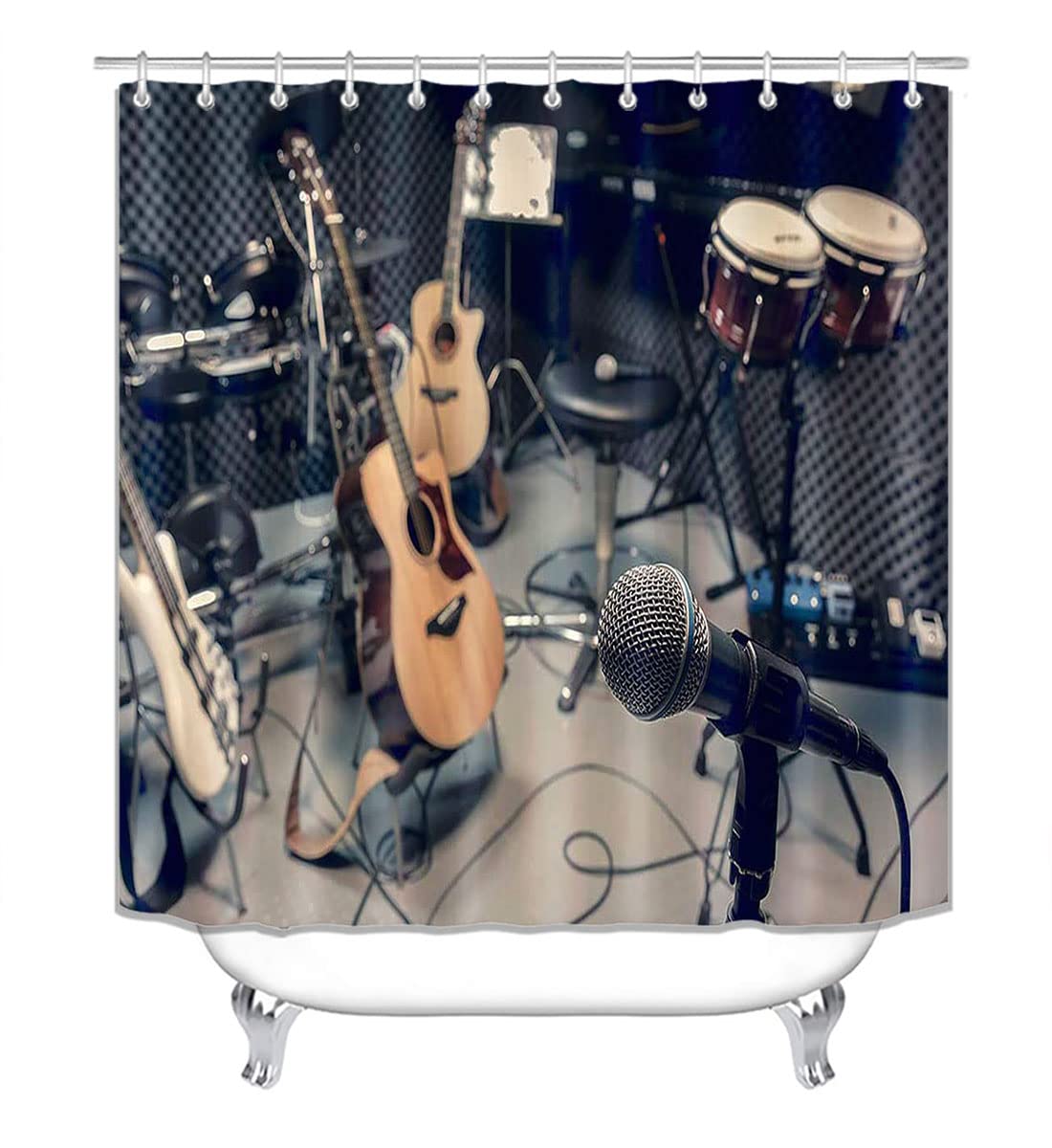 OLEBETY 4-Piece Pop Music Shower Curtain Set with Electric Guitar, Drums & Microphone Design - Waterproof Fabric Bathroom Decor for Band Theme - Includes Non-Slip Bath Mat - Perfect for Music Lovers' Bathroom & Teen Room Decor