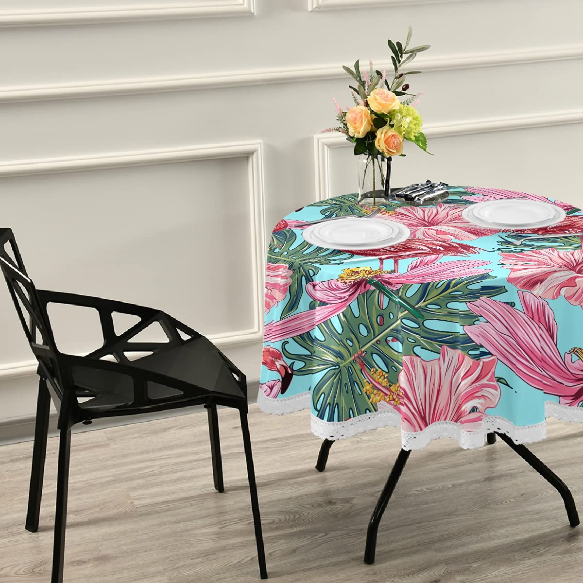 60 Inch Round Waterproof Tablecloth - Pink Flamingo & Tropical Flowers on Blue Background | Durable Outdoor Table Cover for Wedding, Party, Dining Room & Patio Decor