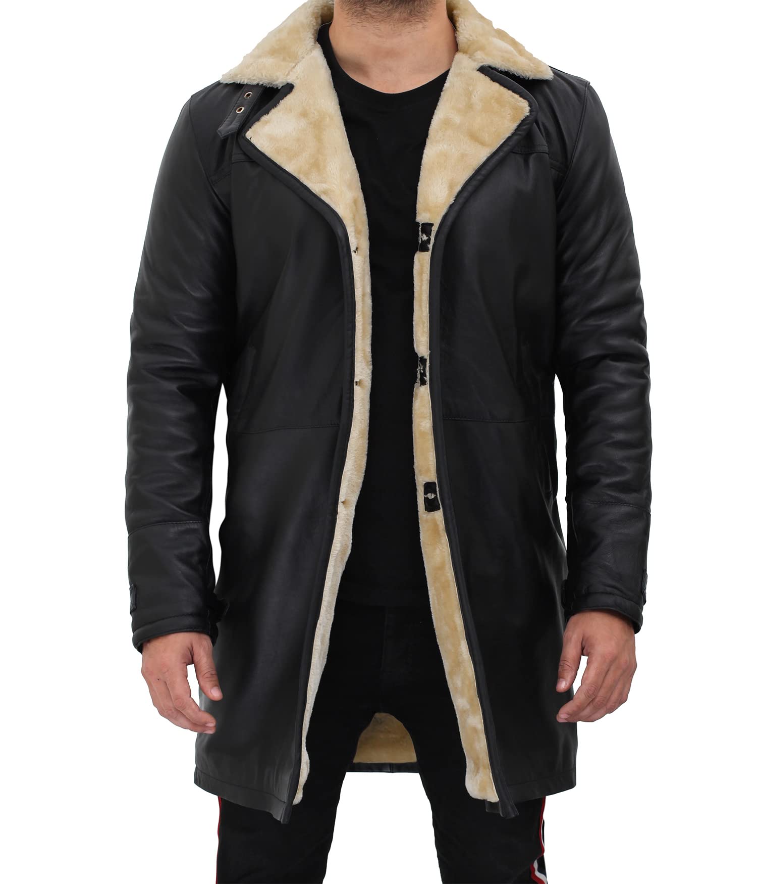 Blingsoul Black Trench Coat for Men | Winter Shearling Long Leather Jacket | Warm Stylish Outerwear for Cold Weather & Formal Occasions