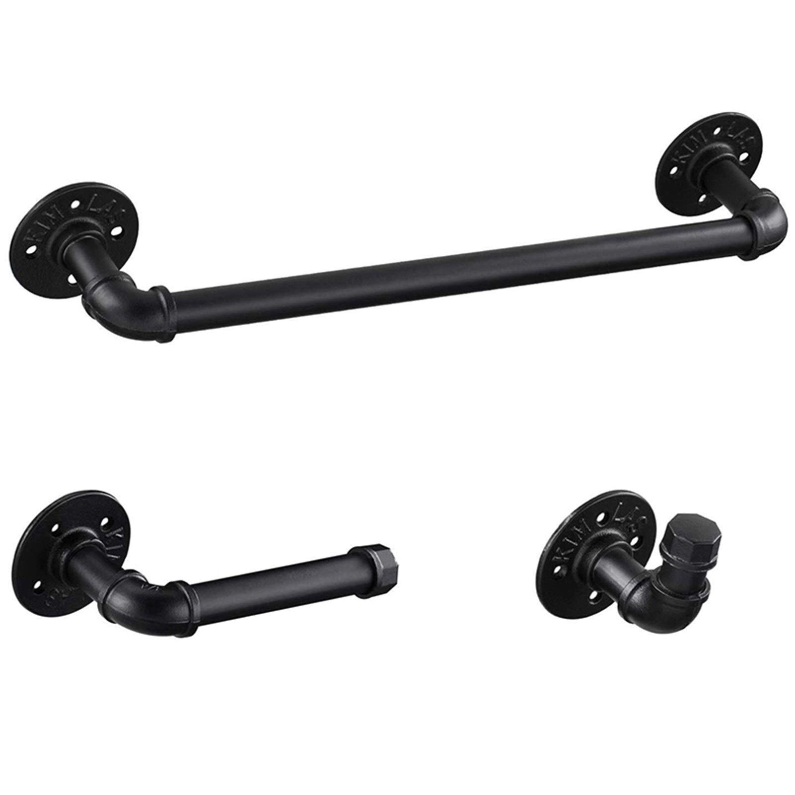 Heavy Duty Industrial Pipe Towel Bar Set - 19 Inch Wall Mounted Bathroom Hardware Fixture with Robe Hook | DIY Rustic Home Decor for Bathroom, Laundry Room & Kitchen Organization