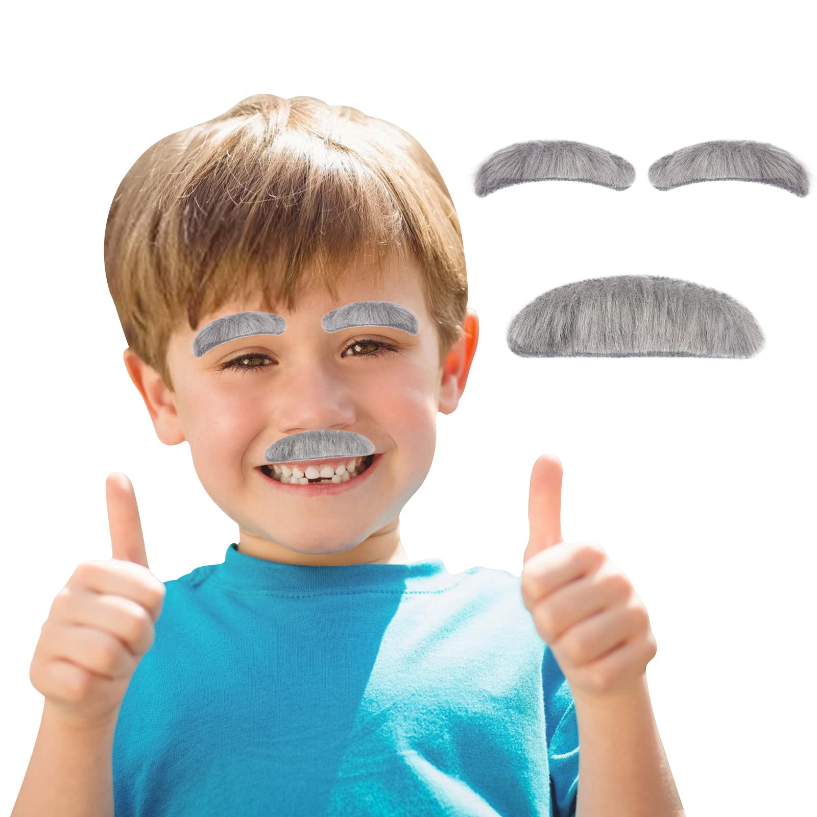 Realistic Old Man Costume Mustache & Eyebrows Set - Stick-on Fake Mustache and Eyebrows for Kids & Boys - Gray Halloween Costume Accessories for Dress-up Parties & Theatrical Performances