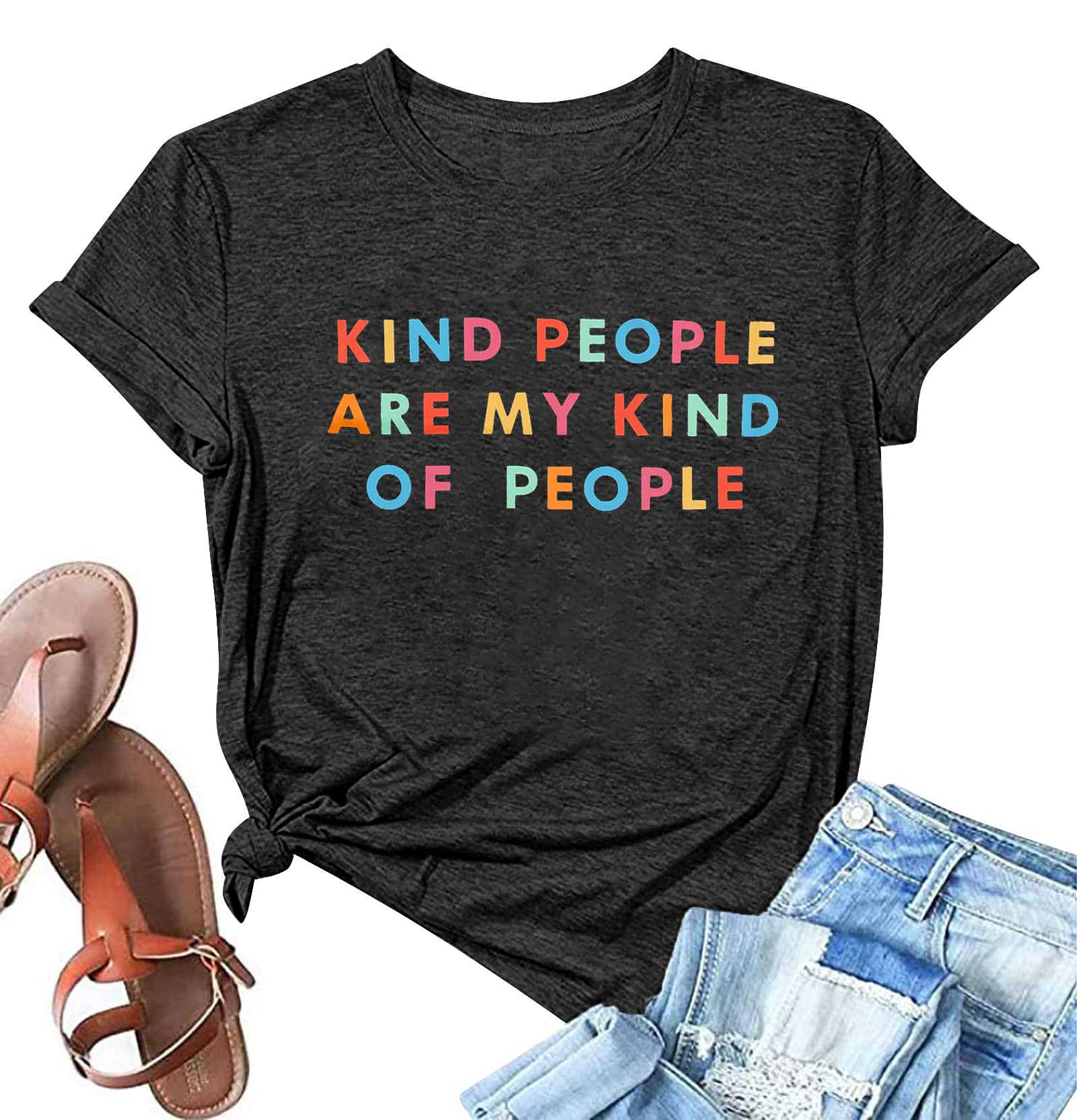 Be Kind T-Shirt for Women - Positive Inspirational V-Neck Tee with Funny Letter Print - Kind People Are My Kinda People Saying - Casual Comfortable Tops for Everyday Wear, Work, or Social Outings