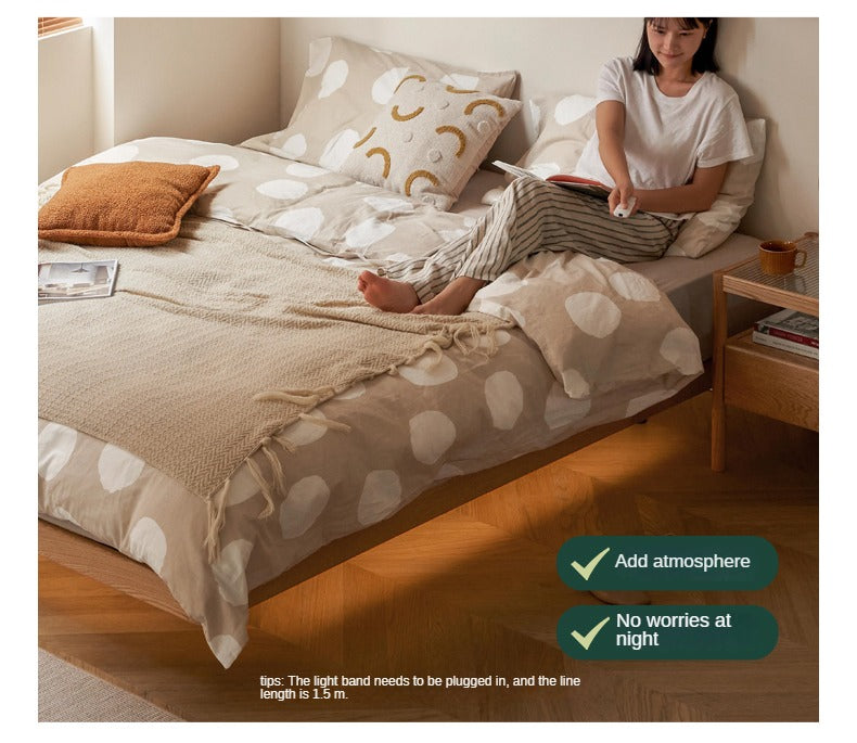 Solid Oak Wood Platform Bed - Headboard Free Modern Design with Night Light - Perfect for Bedroom, Guest Room & Small Spaces