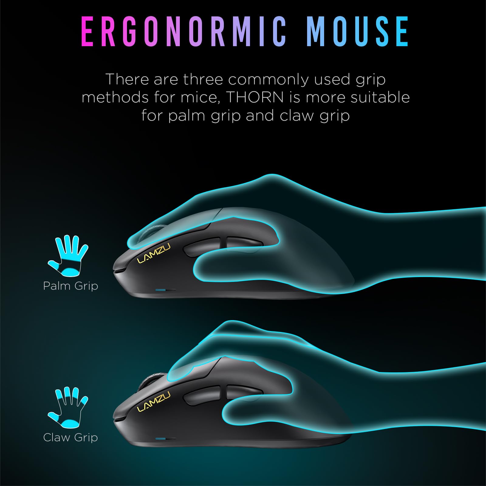 Lamzu Thorn Wireless Gaming Mouse - Ultra Lightweight 52g, Optical Switches, 26000 DPI, Ergonomic Design, Nordic 52840 MCU, PAW3395 Sensor - Black (Perfect for FPS, MOBA & Esports Gaming)