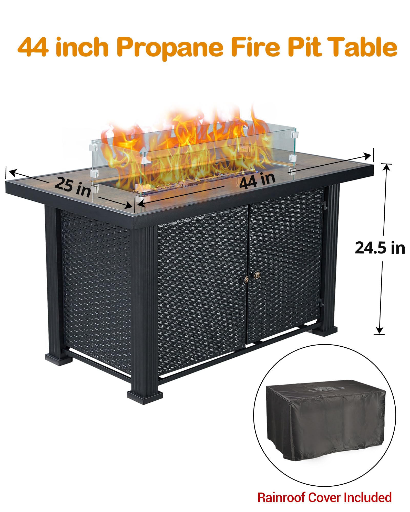 44 Inch Propane Fire Pit Table - 50,000 BTU Outdoor Fire Table with Electronic Ignition, Glass Rocks & Wind Guard - Perfect for Patio, Garden, Backyard & Camping Gatherings