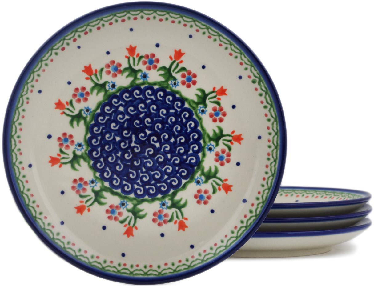 Authentic Polish Pottery Plates Set of 4 - Handmade Spring Flowers Design - Includes Certificate of Authenticity - Perfect for Dining, Gifts & Home Decor