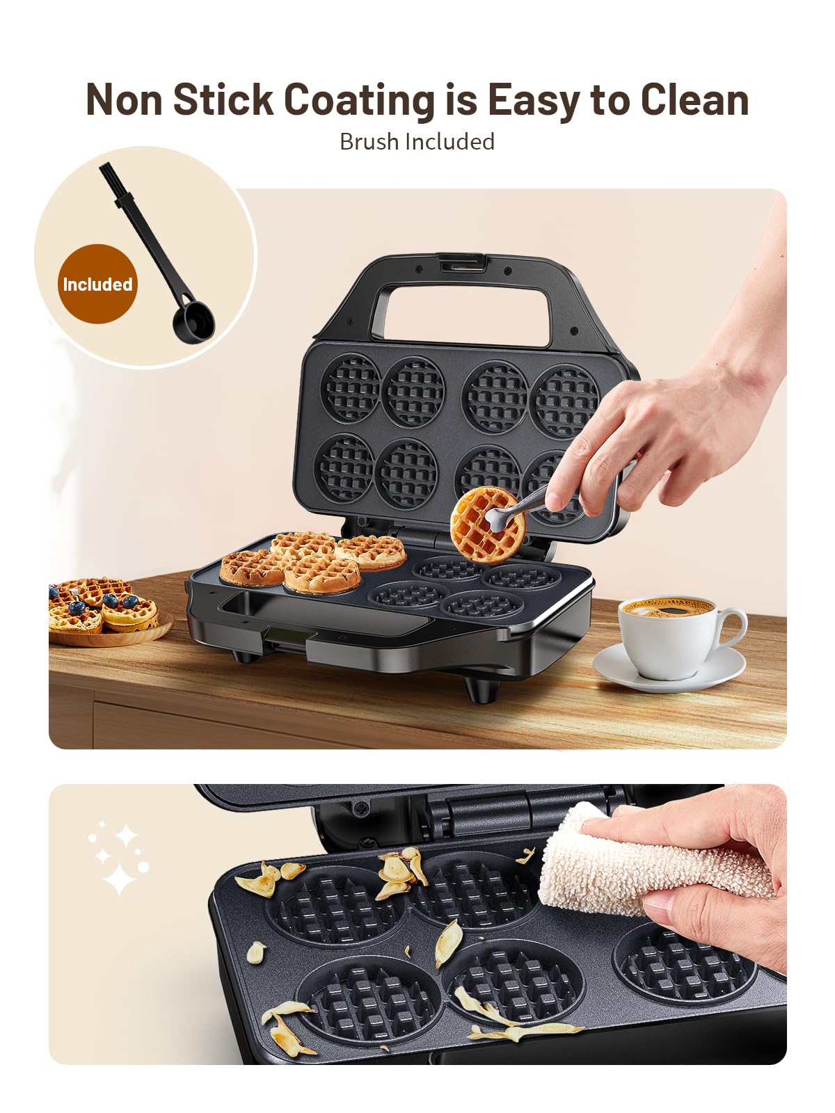 Mini Waffle Maker for Kids - Compact Stainless Steel Non-Stick Waffle Iron (8x1.8 Inch) - Fast Heating & Easy Clean - Perfect for Breakfast, Snacks, Parties & Gifts - Black