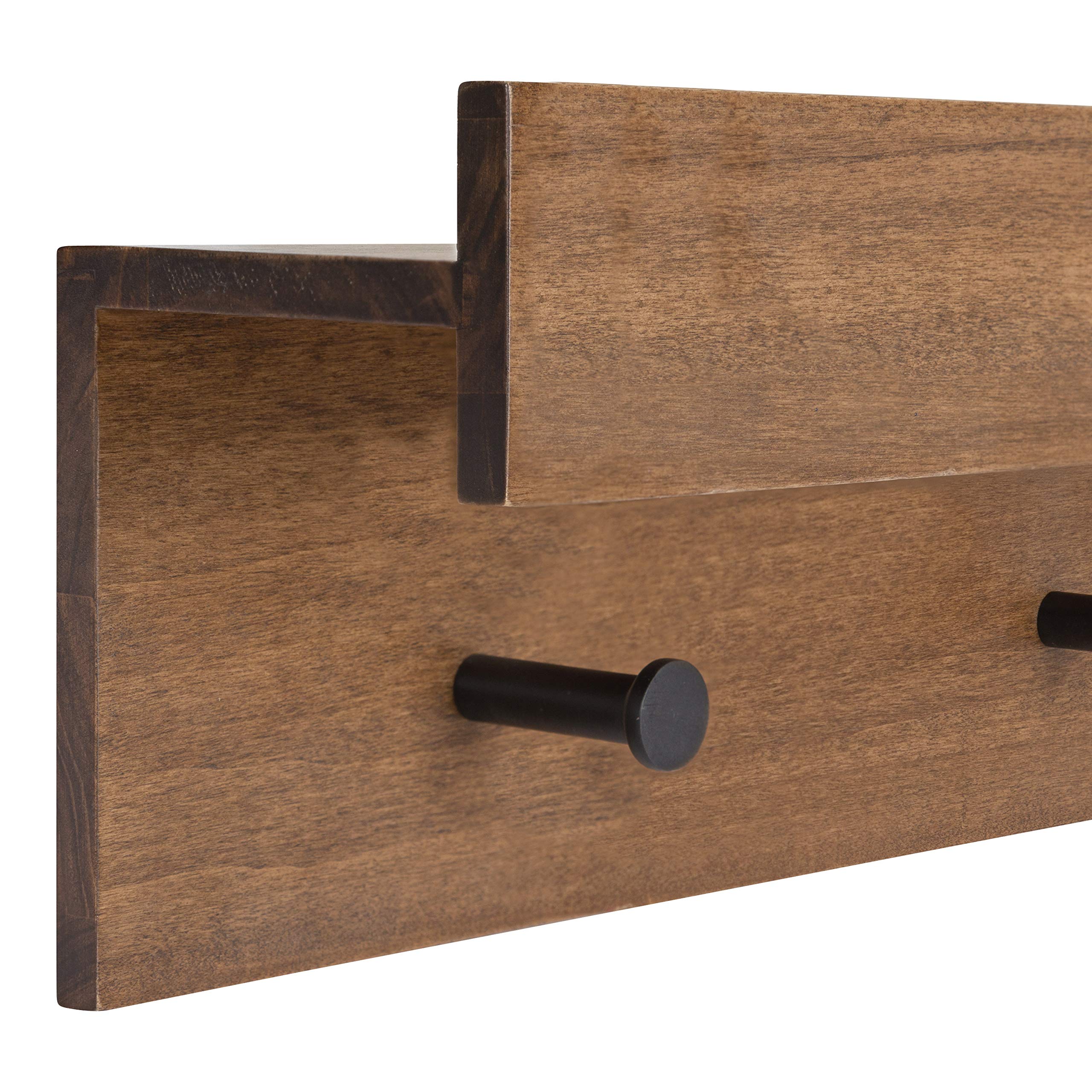 Kate & Laurel Levie Farmhouse Wall Shelf with 4 Knobs - 36 x 7.5 x 4.5 Inches - Rustic Brown & Black - Modern Entryway Shelf with Coat Hooks for Hanging Jackets, Hats & Bags - Perfect for Farmhouse, Rustic & Modern Home Decor