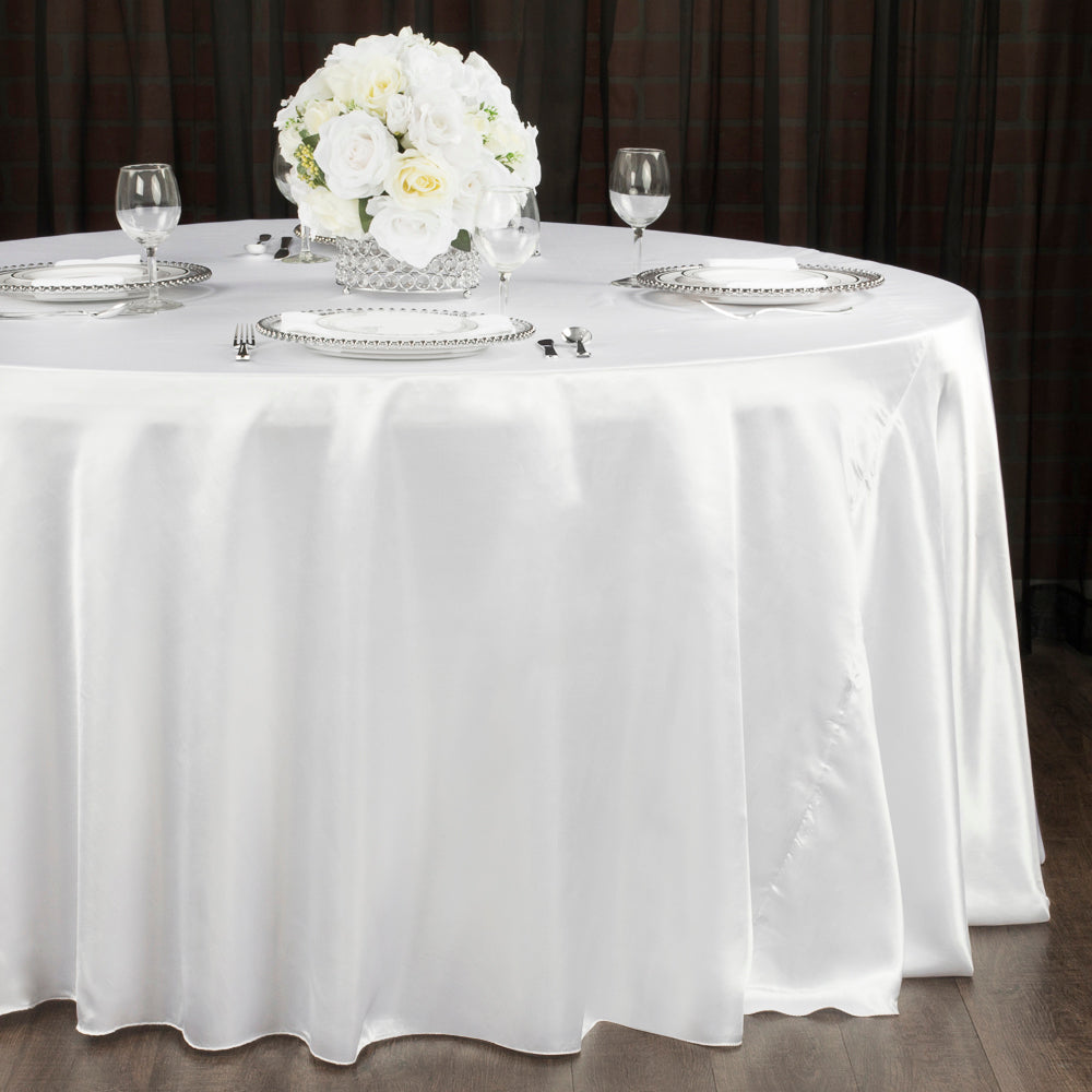 Elegant 108-Inch Round Satin Tablecloth - Pure White Luxury Table Cover for Weddings, Banquets & Formal Dining Events