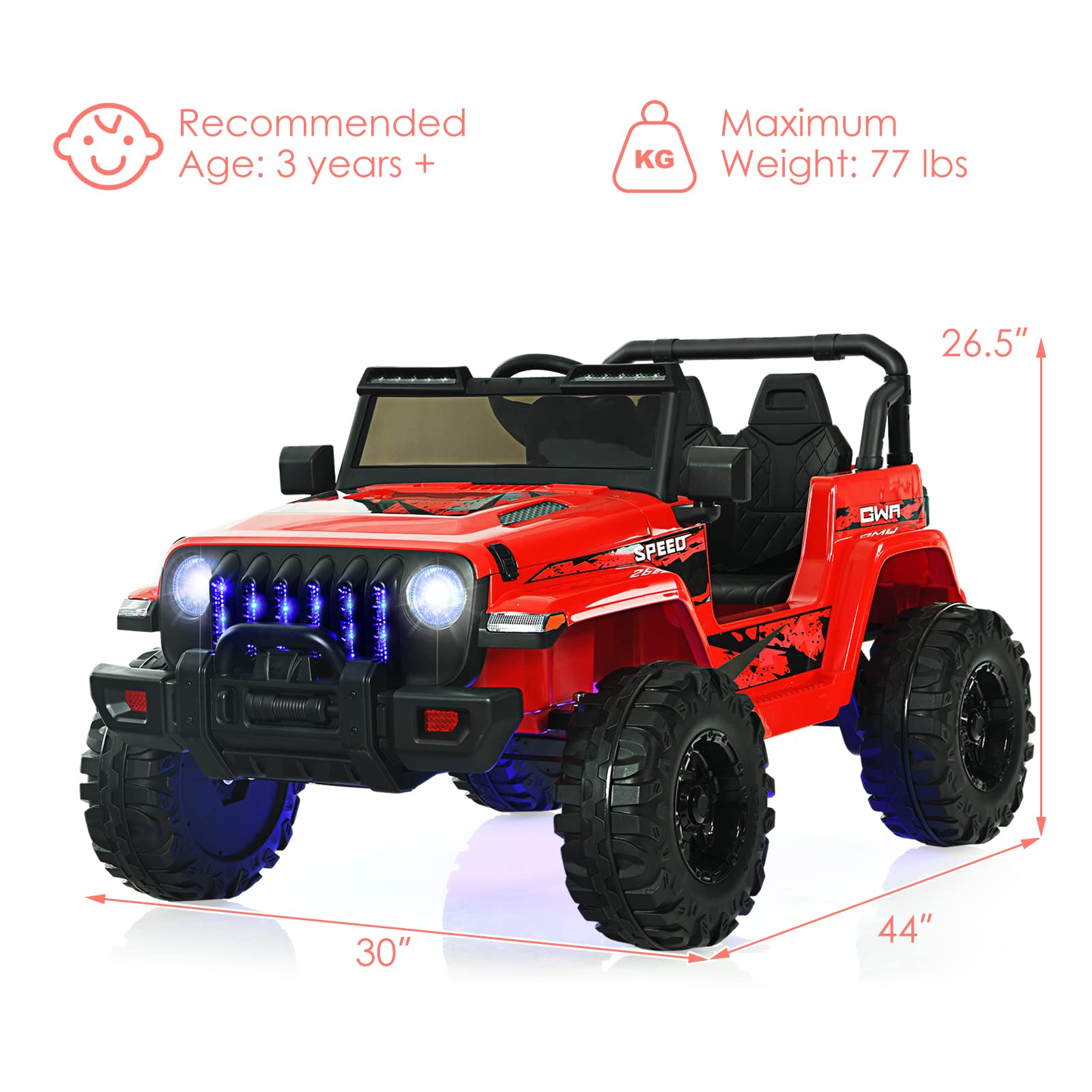 OLAKIDS 12V Electric Ride On Truck for Kids - Remote Control Battery Powered Toddler Car with Music, Horn, 3 Speed Settings, LED Lights & Bluetooth - Perfect for Indoor & Outdoor Play (Red)