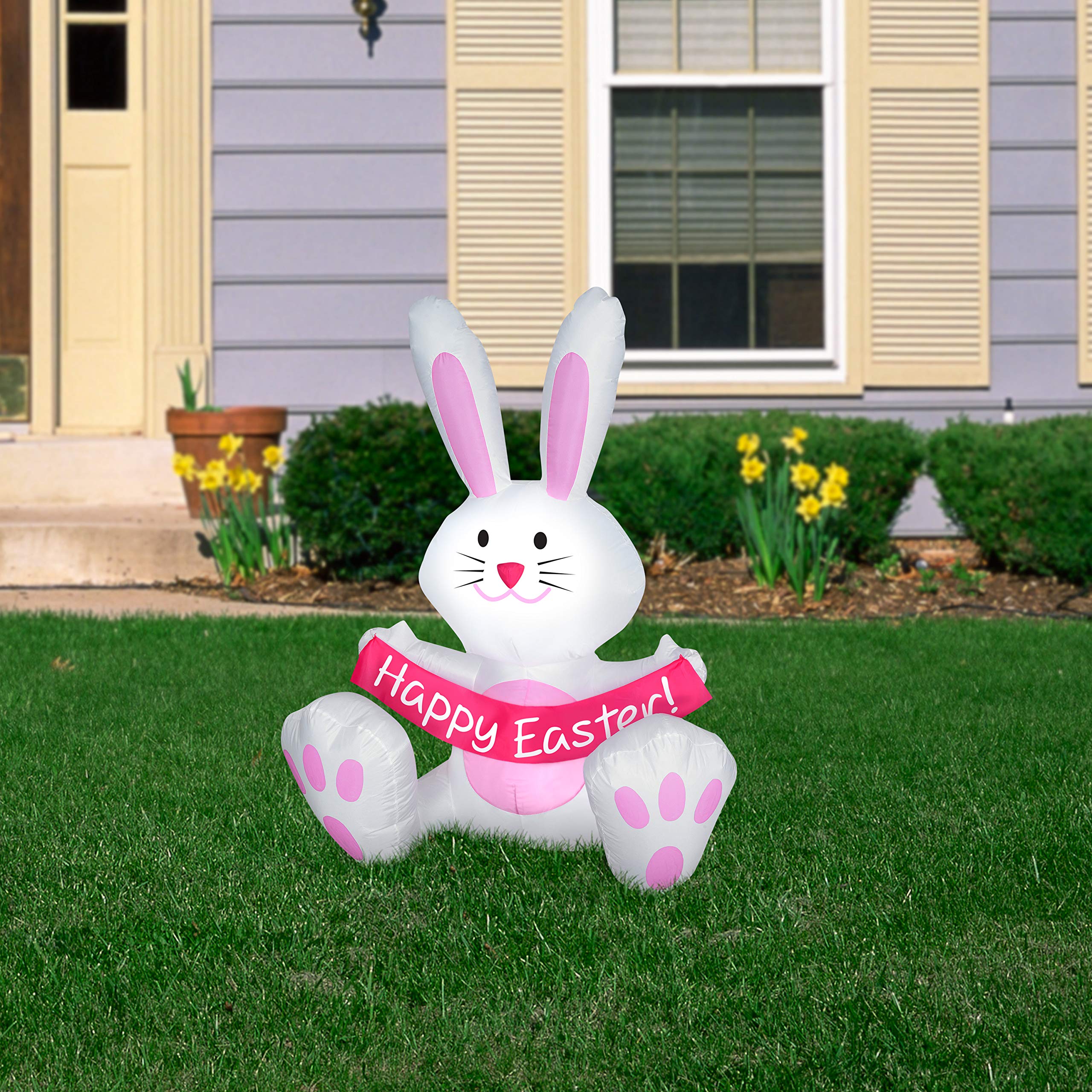 Gemmy Airblown Inflatable Easter Bunny Decor with Happy Easter Sign - 3.5 ft Tall Pink Outdoor Yard Decoration for Spring, Easter Party & Holiday Festivities