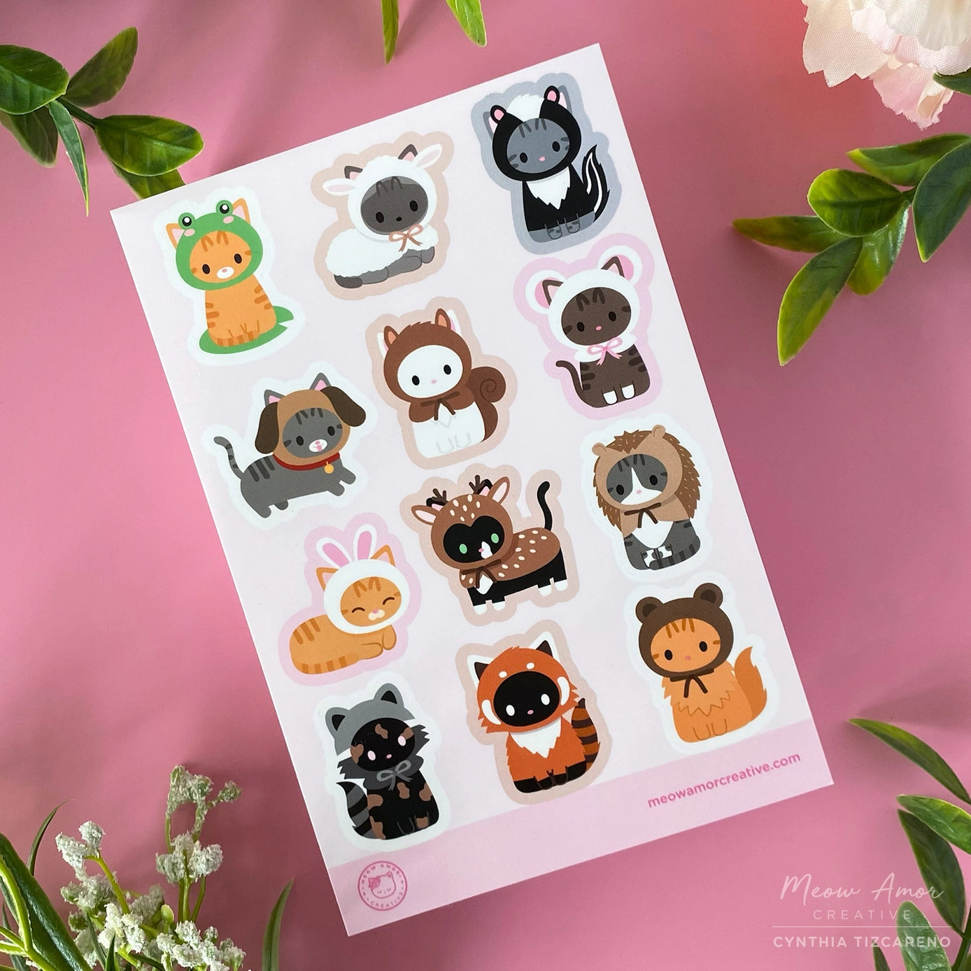 Cute Animal Suits Pink Vinyl Cat Stickers - Waterproof Decal Sheet for Laptops, Water Bottles & DIY Crafts