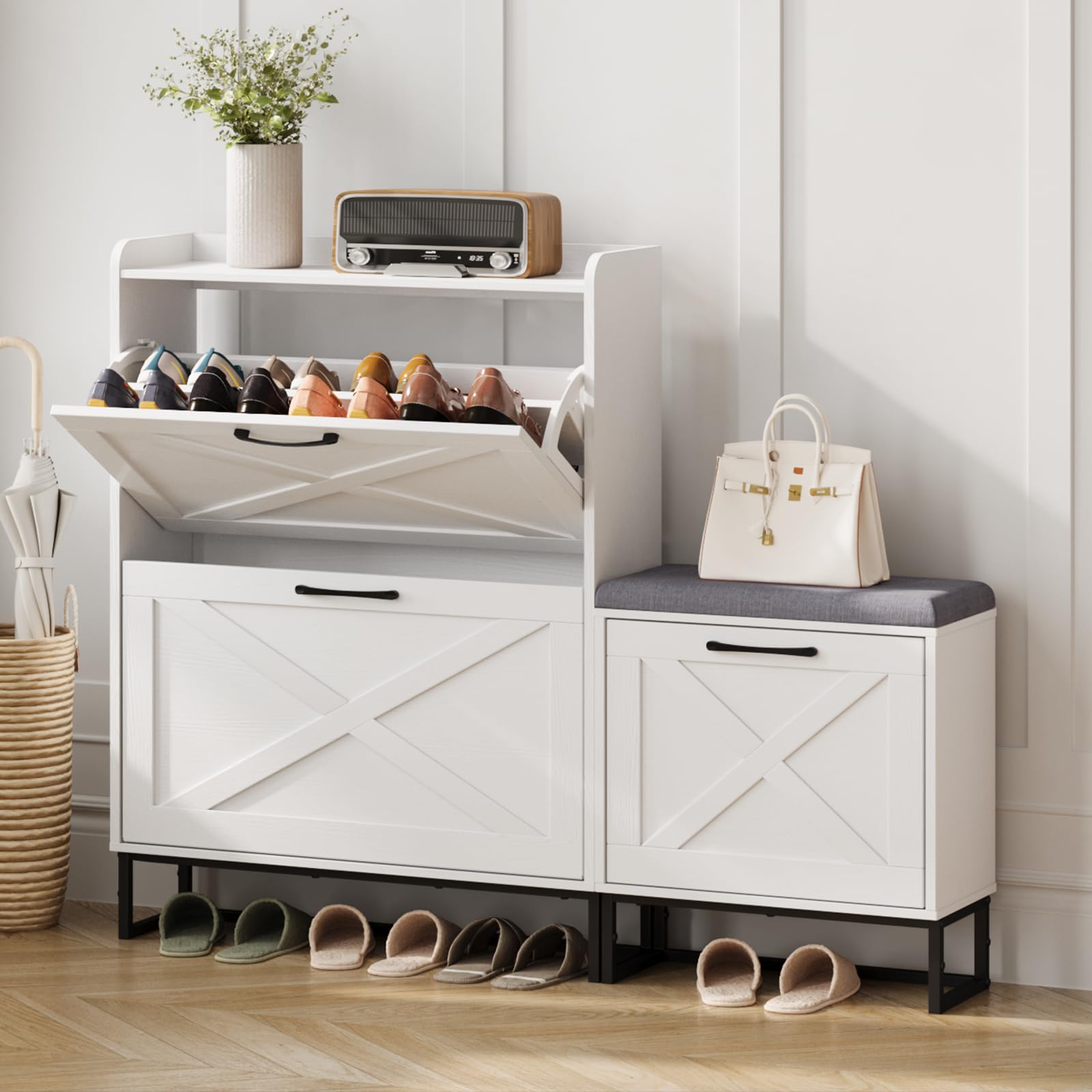 Maupvit 3-Tier Flip Shoe Storage Cabinet with Bench - Holds 20 Pairs of Shoes, Space-Saving Entryway Organizer for Hallway, Living Room & Small Spaces - White (Perfect for Apartments, Dorm Rooms & Closets)