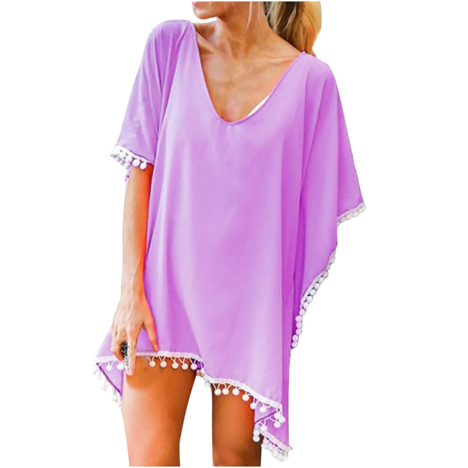 Women's Chiffon Kaftan Cover Up with Tassels - Lightweight Beach Swimwear Bikini Cover Up Tops - Perfect for Poolside, Beach Vacations & Summer Outings (Size 32)