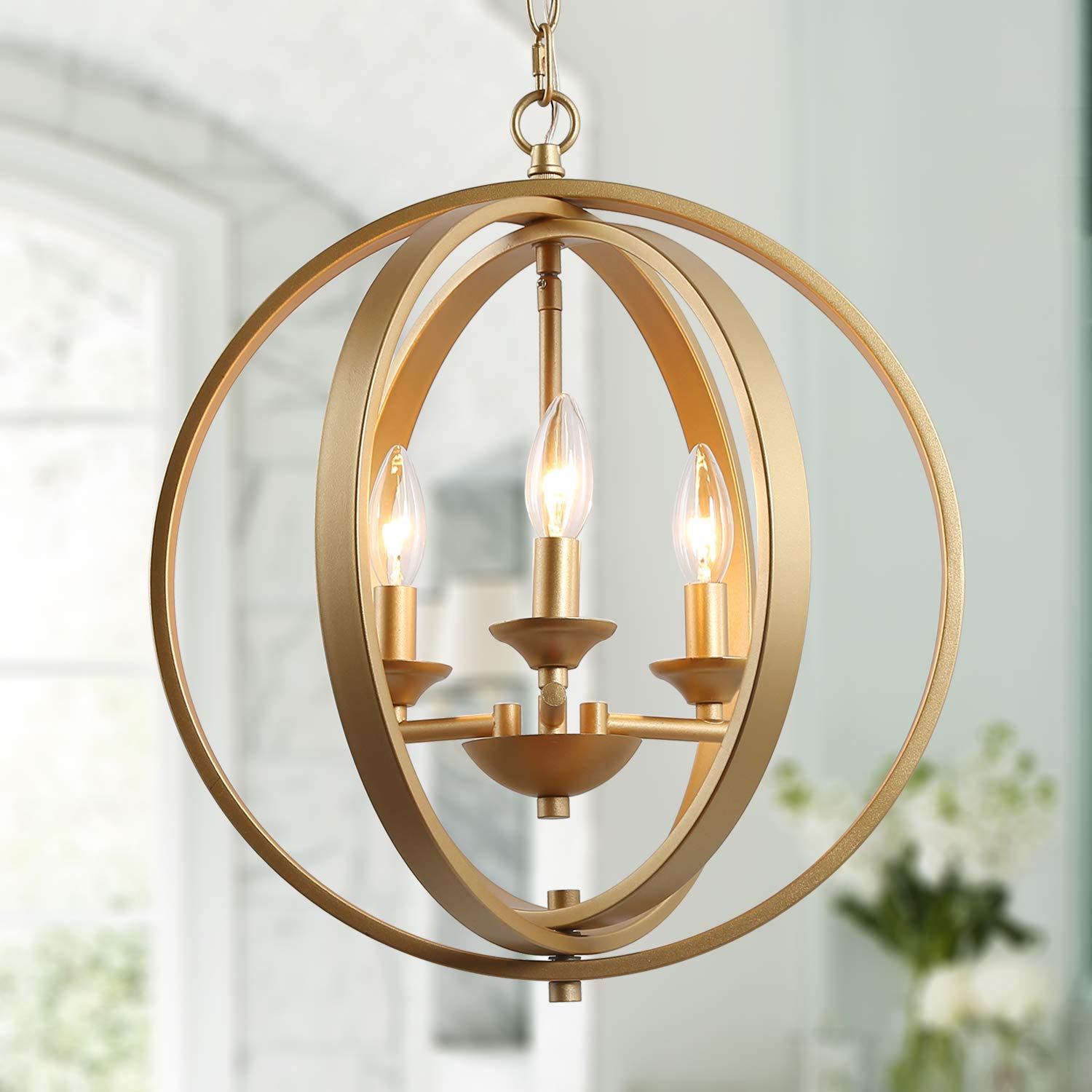 KSANA Gold Orb Chandelier - Modern Globe 3-Light Fixture for Dining Room, Living Room, Bedroom, Foyer & Kitchen | Elegant Lighting for Home Decor & Interior Design