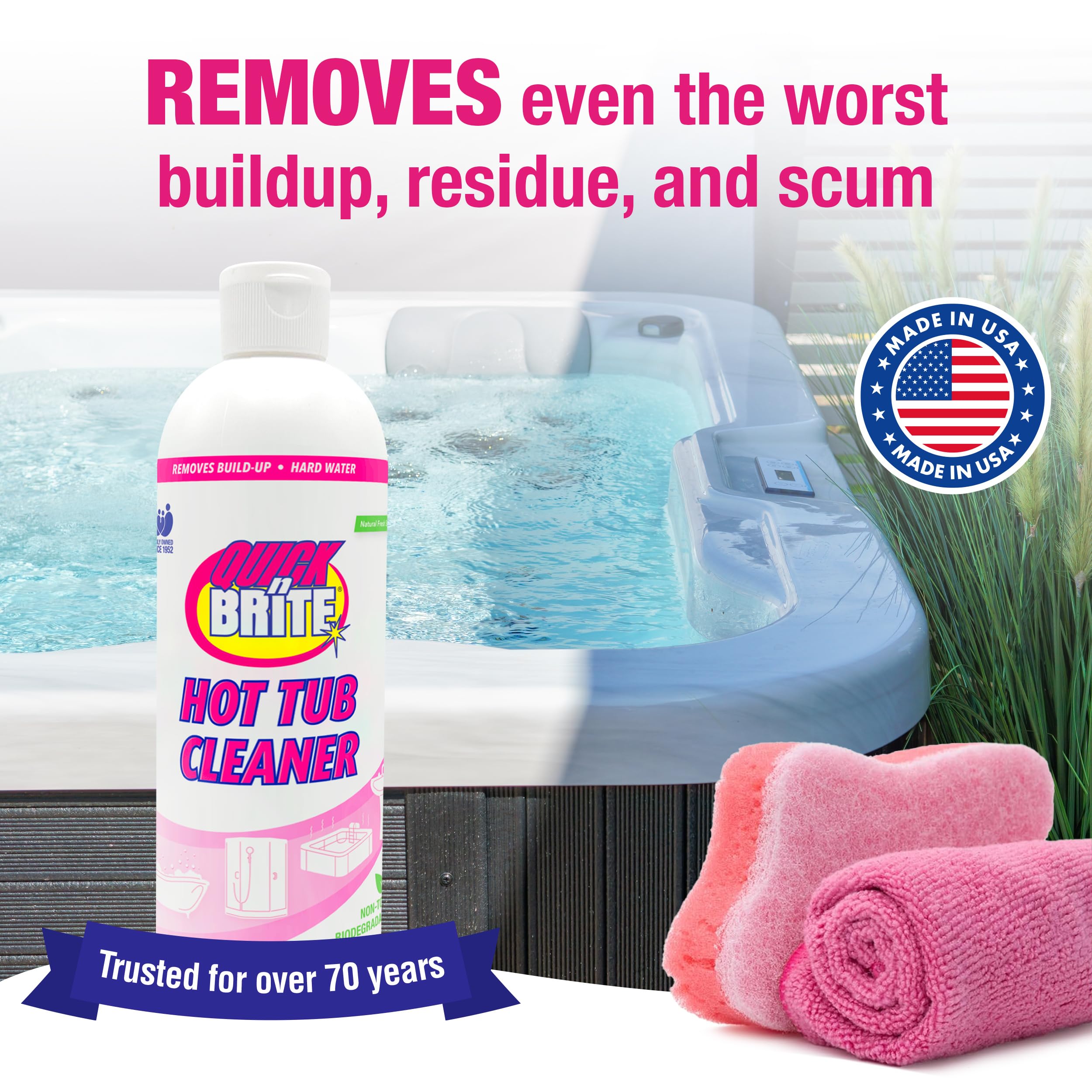 Quick N Brite Heavy Duty Hot Tub Cleaner Kit - Non-Abrasive Cleaning Gel with Sponge & Microfiber Cloth, 16oz | Removes Stains, Scum & Buildup | Safe for All Hot Tub Surfaces | Perfect for Jacuzzis, Spas & Whirlpools (Packaging May Vary)