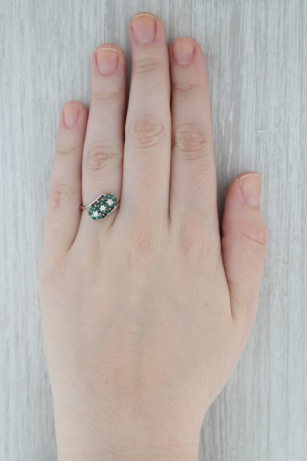 0.38ctw Emerald & Diamond Flower Bypass Ring - 14k White Gold Size 8.5 - Elegant Engagement, Anniversary Gift for Her - Perfect for Weddings, Date Nights & Special Occasions