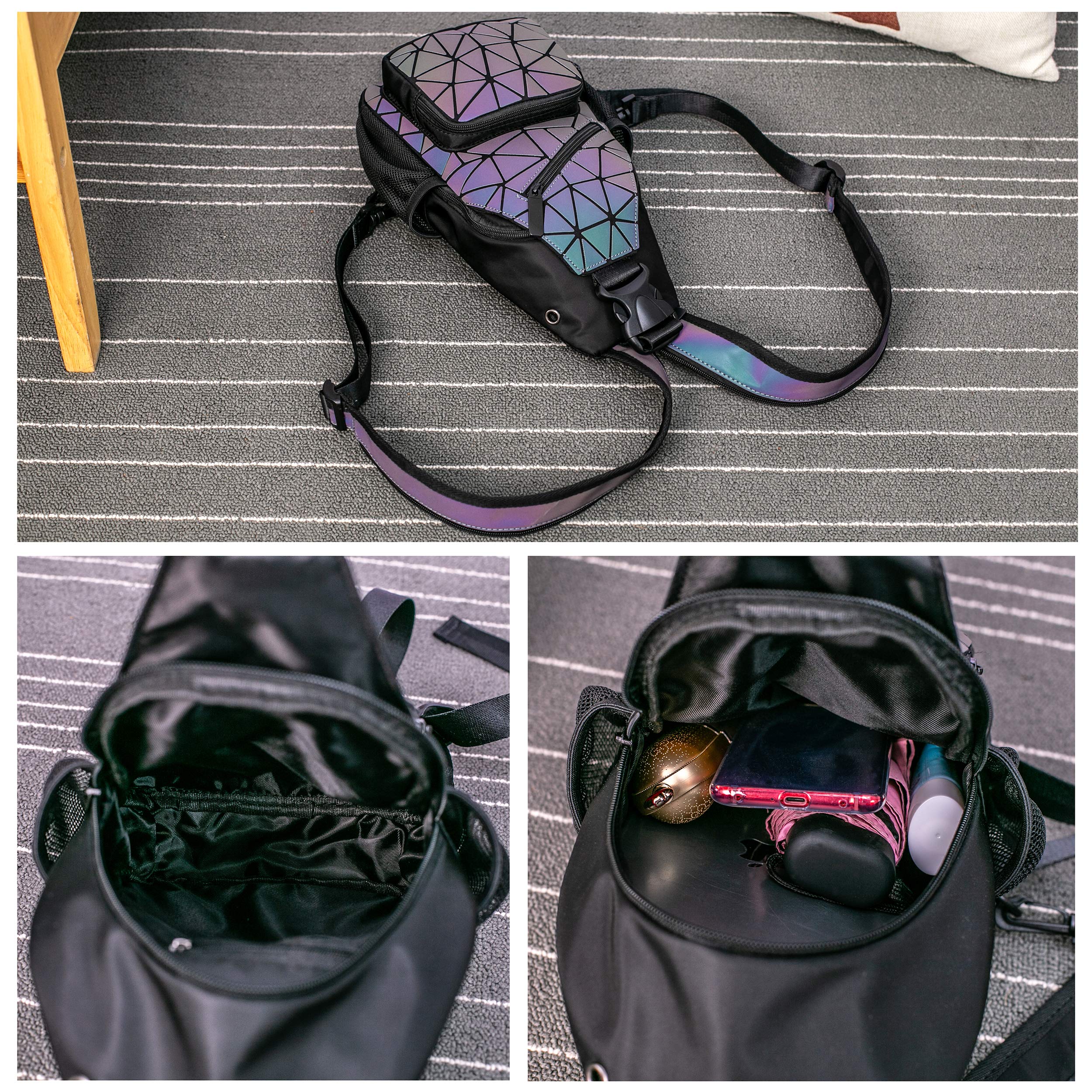 Lorran Geometric Holographic Luminous Backpack - Waterproof Messenger Bag with Multiple Pockets for School, Travel & Outdoor Adventures | Stylish Unisex Shoulder Crossbody Chest Bag