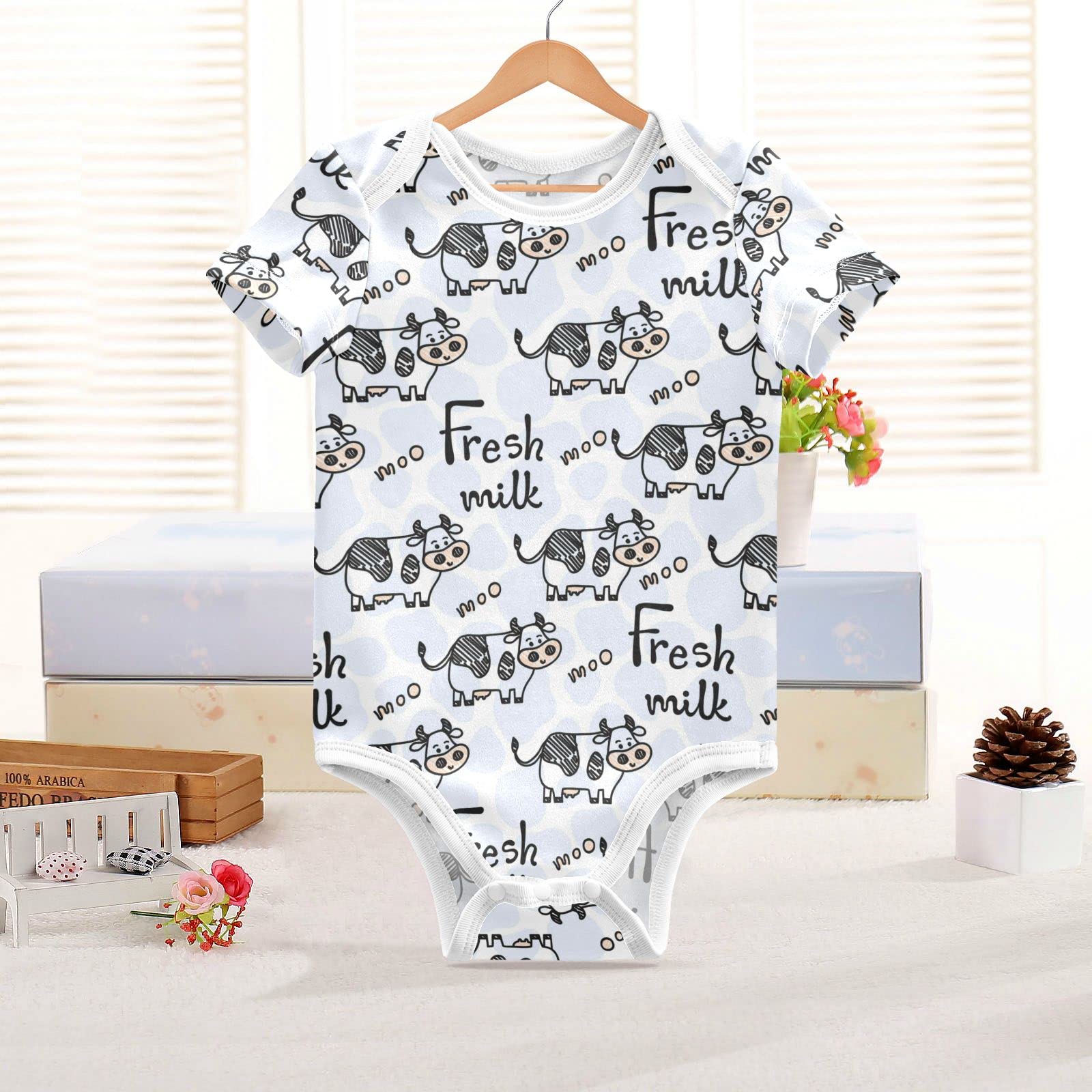 Organic Cotton Baby Romper - Fresh Milk Cow Moo Print Short Sleeve Bodysuit for Boys & Girls (0-3 Months) | Soft Unisex Infant Outfit for Newborns, Photo Shoots & Playtime