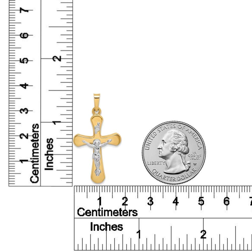 14K Two-Tone Yellow Gold & White Gold INRI Crucifix Pendant Necklace - Polished Cross Charm with Rounded Edges, Religious Jewelry Gift for Women & Men - Perfect for Baptism, First Communion, Confirmation & Daily Wear