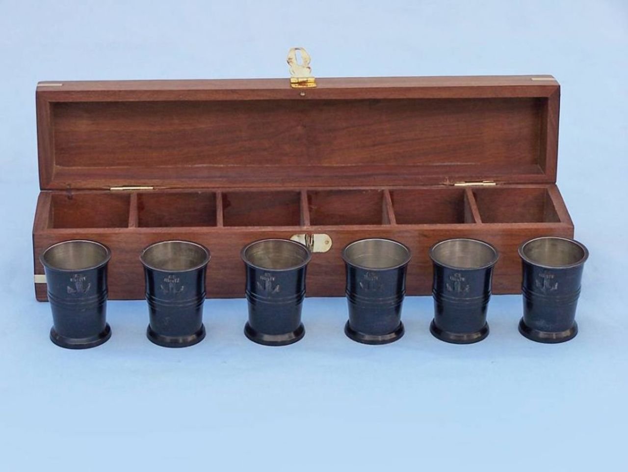 Hampton Nautical Oil Rubbed Bronze Anchor Shot Glasses Set of 6 - Rosewood Accent Barware for Nautical Theme Parties, Beach Weddings & Home Decor