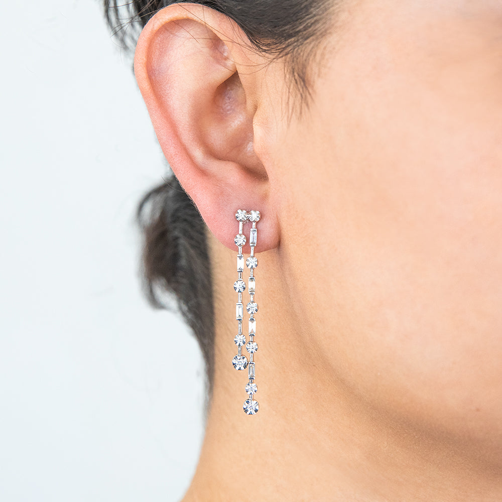 18ct White Gold Drop Diamond Earrings with Round & Baguette Cut Diamonds | Elegant Dangle Earrings for Women | Perfect for Weddings, Parties & Special Occasions