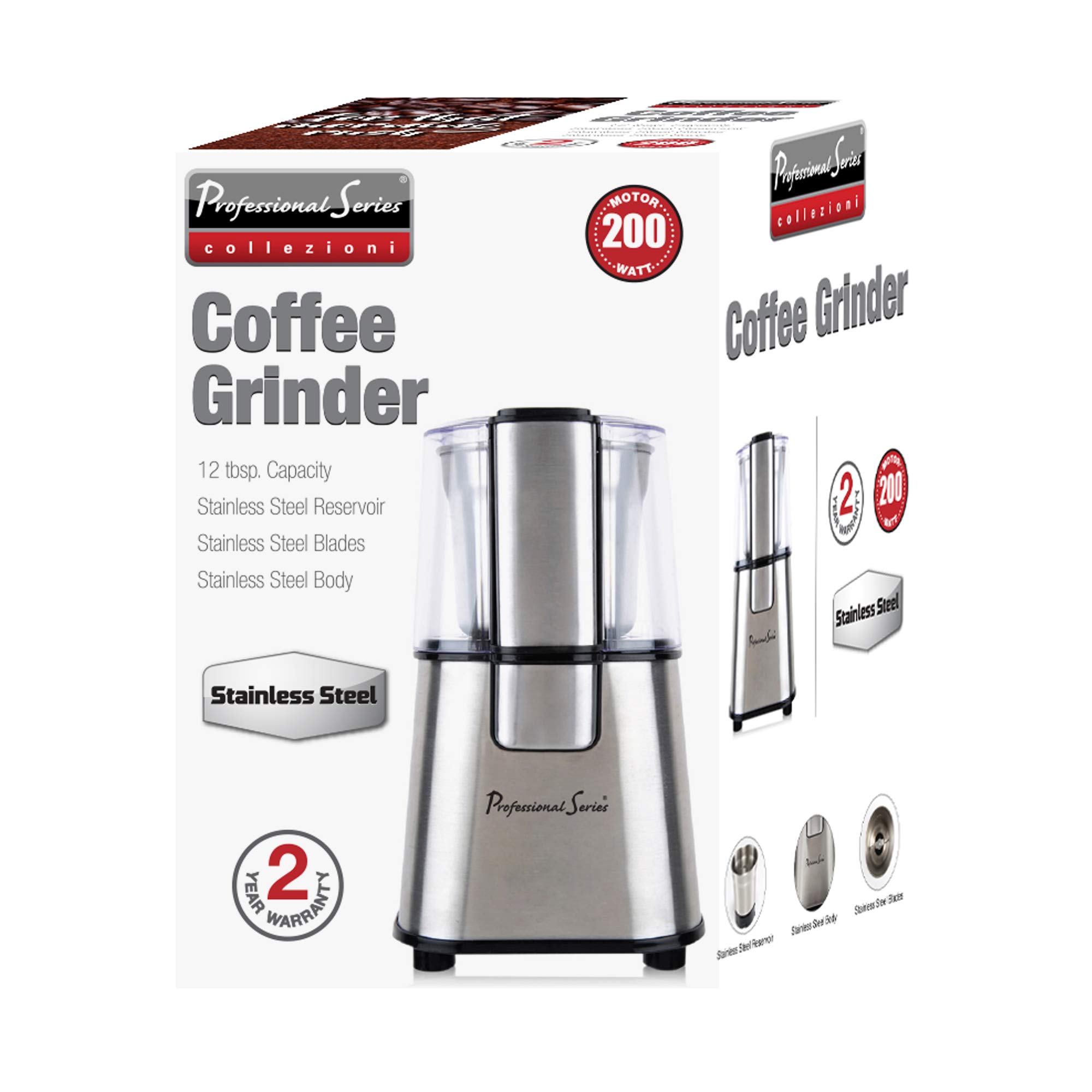 Continental Electric PS-CG008 Professional Coffee & Spice Grinder - 12 Teaspoon Capacity, Stainless Steel Blades - Perfect for Home Kitchens, Coffee Shops & Baking Enthusiasts