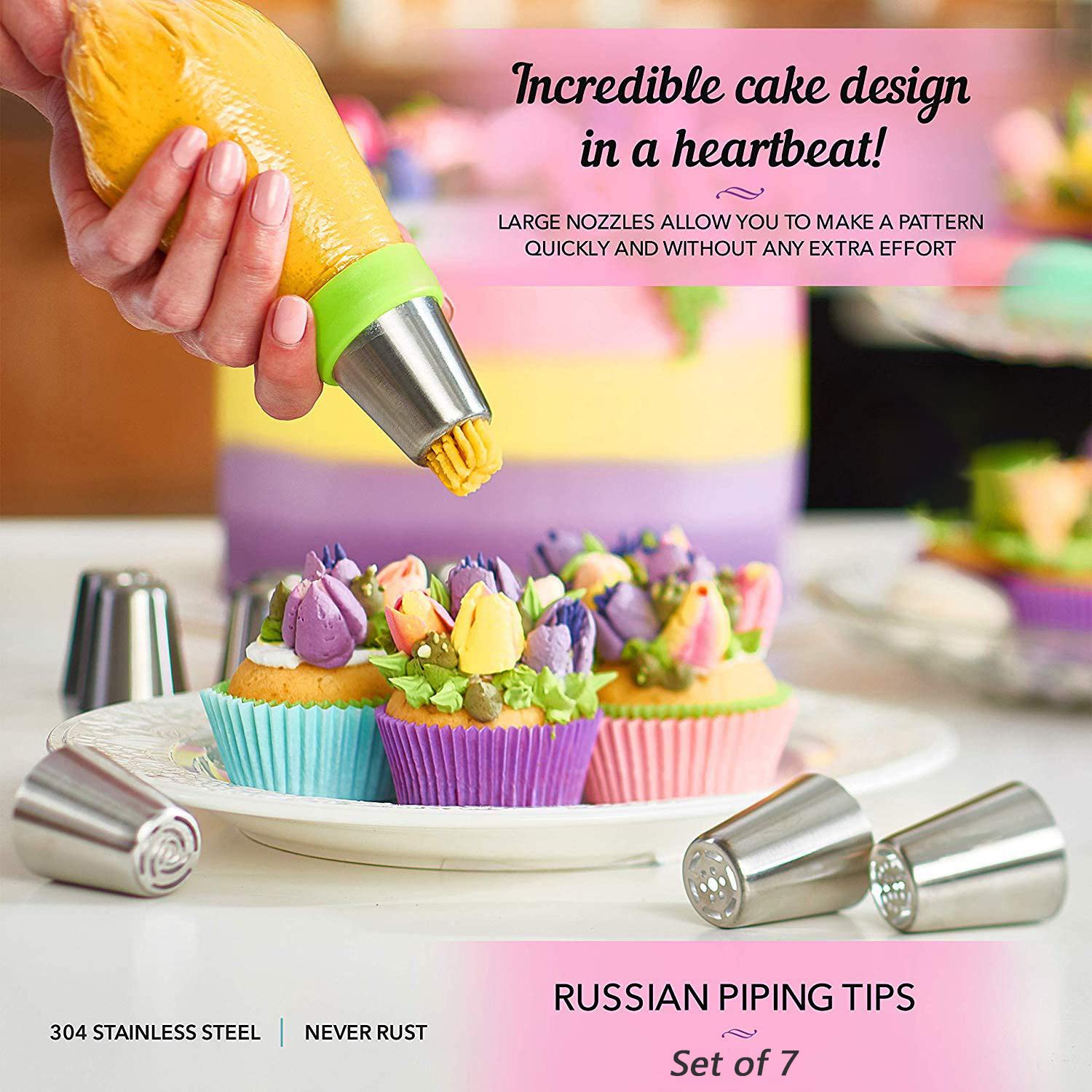 Suuker Russian Piping Tips Set - 7 Piece Stainless Steel Cupcake Decorating Kit with Flower Shaped Frosting Nozzles | Professional Baking Tools for Cakes, Cookies & Pastry Decor | Perfect for Birthday Parties, Wedding Cakes & Home Baking