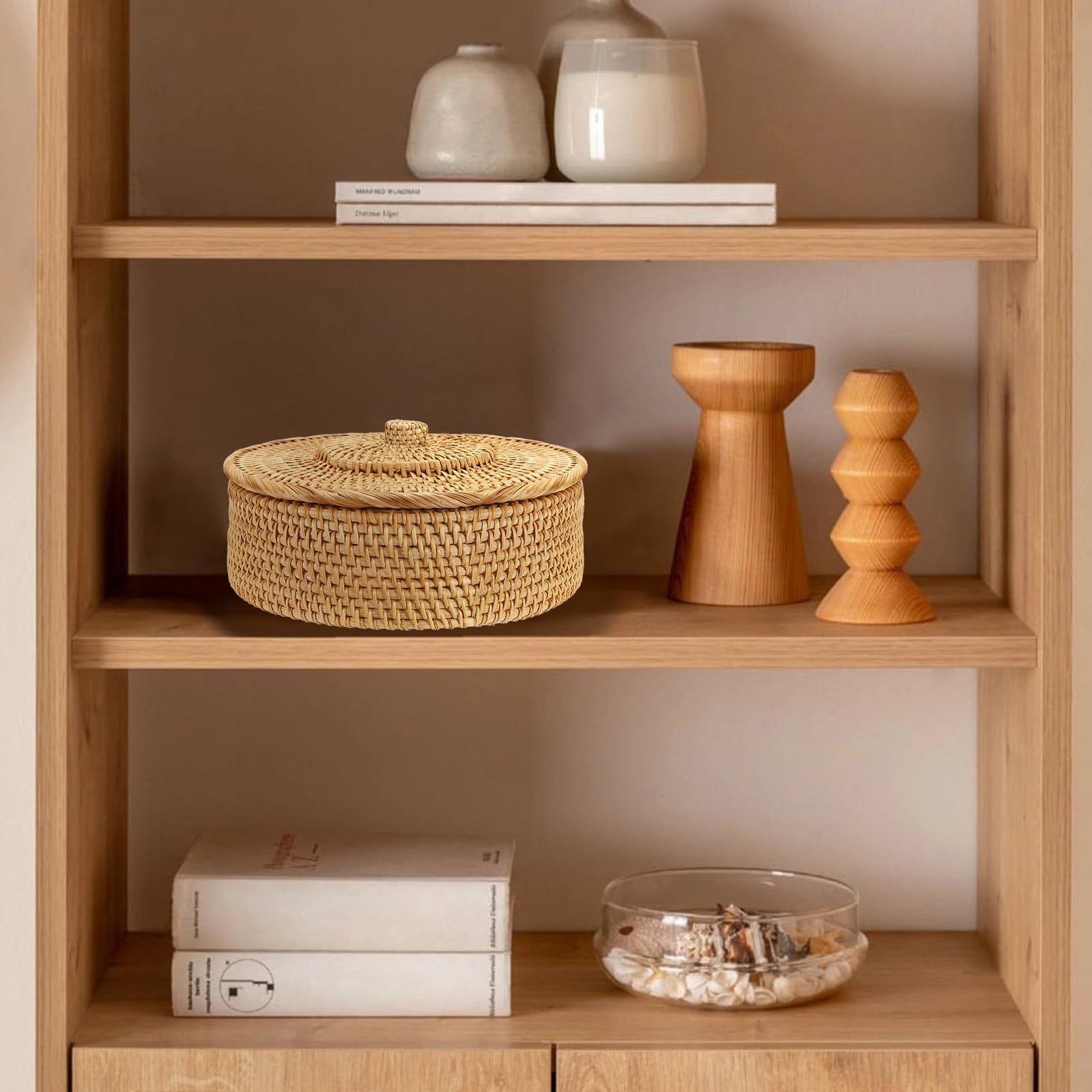 Round Rattan Basket with Lid - Small Wicker Storage for Home Decor