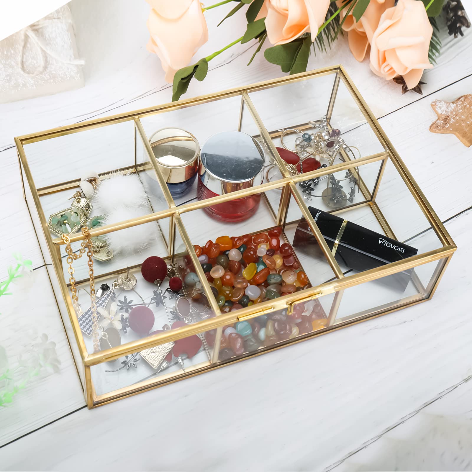 Premium Glass Tea Bag Organizer with Lid - 6 Compartment Clear Storage Box for Tea Bags, Coffee & Sugar Packets - Countertop Display Case for Kitchen, Office or Gift Use