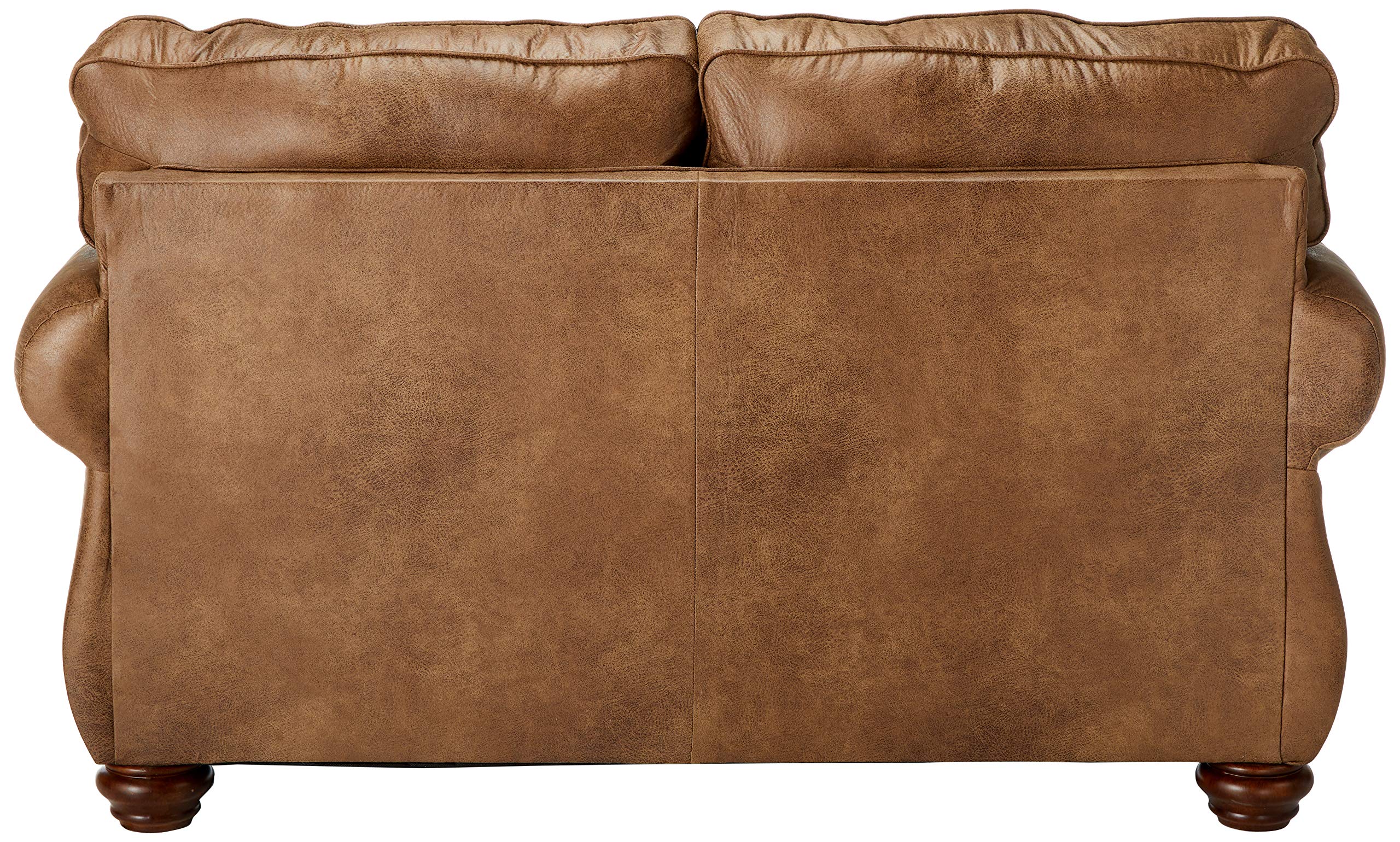 Signature Design by Ashley Larkinhurst Faux Leather Loveseat with Nailhead Trim & 2 Accent Pillows - Brown Sofa for Living Room, Small Space & Apartment Decor