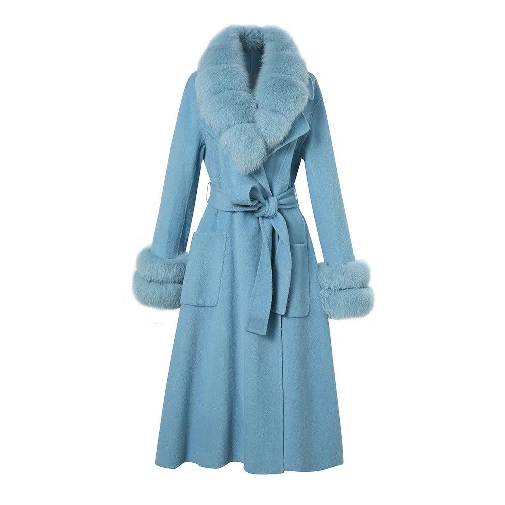 Luxury Women's Long Wool Coat with Detachable Fox Fur Collar - Winter Warm Elegant Trench Coat for Office, Party & Formal Occasions