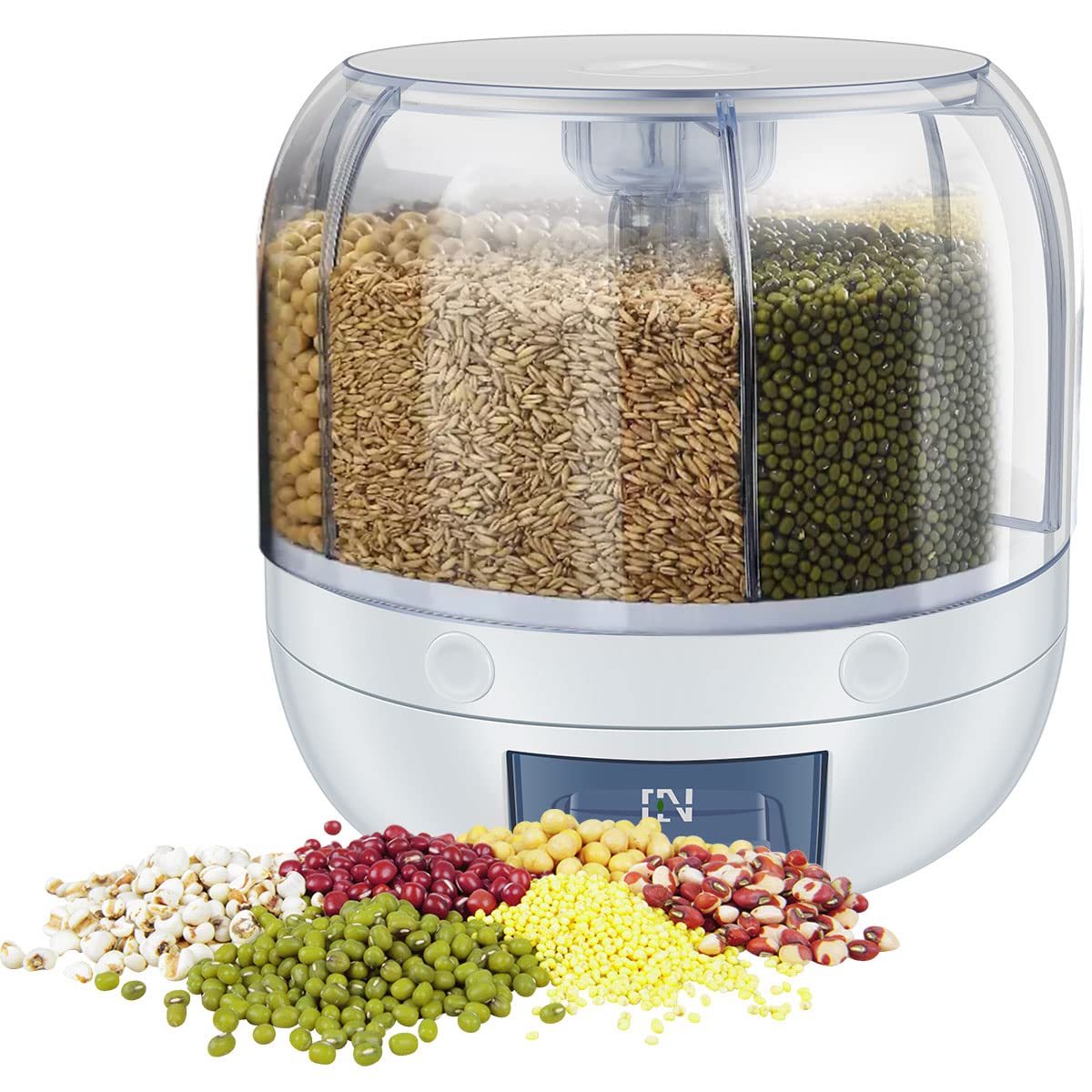 360° Rotating 6-Grid 3kg Round Food Dispenser - Transparent Plastic Cereal/Rice/Dry Food Container with Lid for Kitchen Storage | Perfect for Pantry Organization & Bulk Food Dispensing