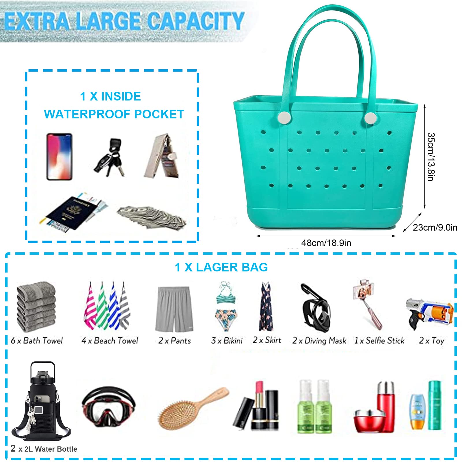 **Waterproof XL Beach Tote Bag - Durable & Washable Rubber Open Handbag for Pool, Boat, Gym & Sports | Perfect for Summer Travel, Swimming & Outdoor Activities**