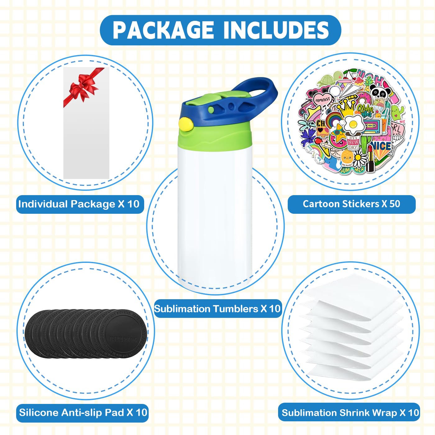 10 Pack Kids Sublimation Tumblers - 12oz Stainless Steel Sippy Cup Blanks for DIY Crafting, Customizable Water Bottles for Personalized Gifts | Perfect for Birthday Parties, School Events & Holiday Presents