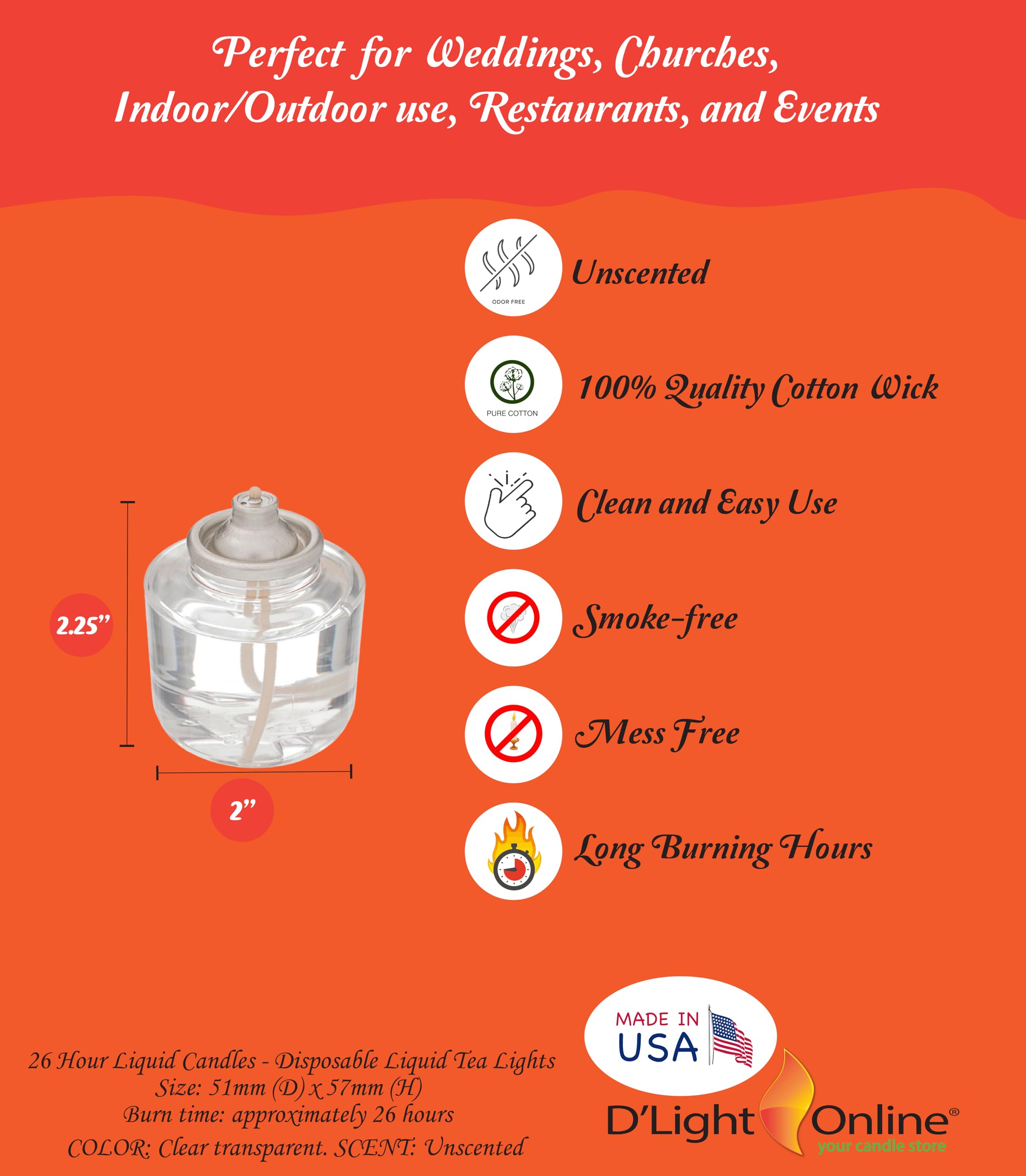 D'light Online HD26 Disposable Liquid Candles - 26 Hours Burn Time, Clear Plastic Fuel Cells (Set of 60) for Wedding Centerpieces, Restaurant Table Decor, Emergency Lighting & Romantic Ambiance