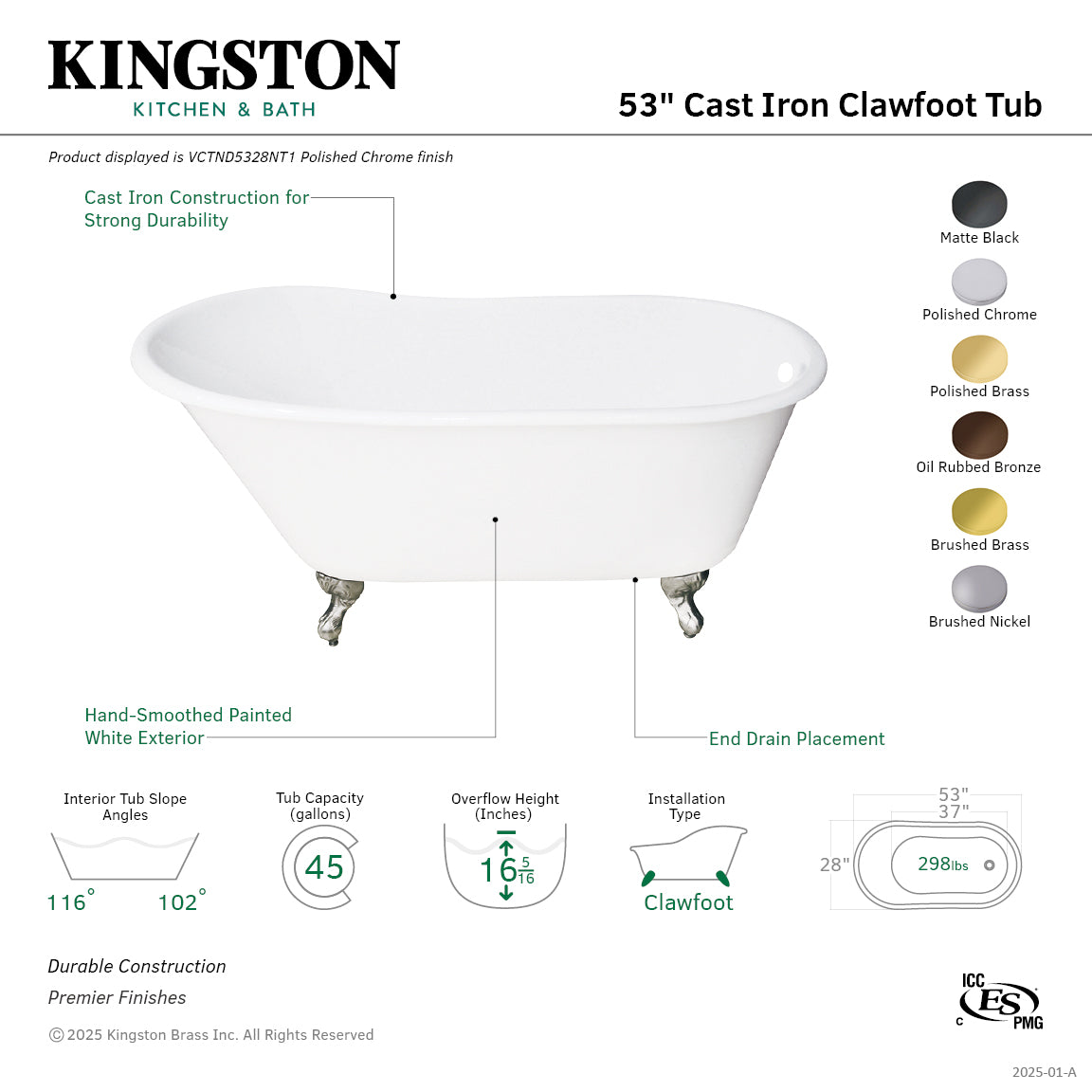 Aqua Eden 53 Inch White Cast Iron Clawfoot Bathtub with Brushed Brass Feet - Vintage Oval Single Slipper Tub (No Faucet Drillings) | Perfect for Bathroom Remodeling, Spa Retreat & Luxury Home Decor