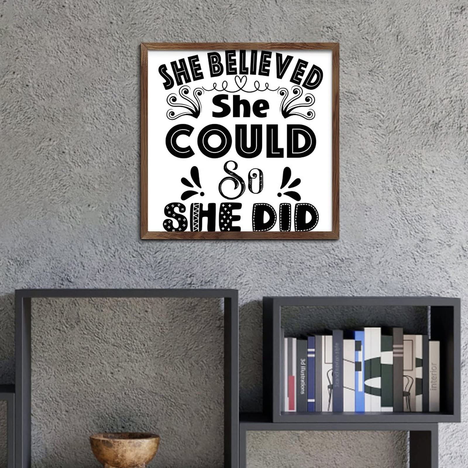 Inspirational Wooden Wall Sign - 'She Believed She Could So She Did' - 12x12in Home Decor for Bedroom, Kitchen & Dining Room - Perfect Housewarming Gift for Motivation & Encouragement