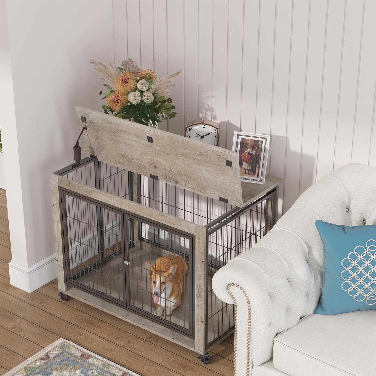 Stylish Wooden Dog Crate Furniture - 38.5 Inch Decorative Pet Kennel with 3 Doors, Flip-Up Top & Wheels for Large/Medium/Small Dogs | Indoor Rustic Grey Dog House for Living Room, Bedroom & Office