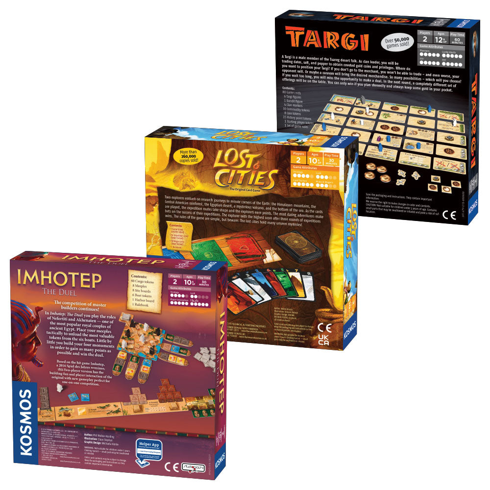 Best 2 Player Board Games Bundle - Imhotep: The Duel, Targi & Lost Cities Card Game with 6th Expedition | Perfect for Couples, Friends & Family Game Nights