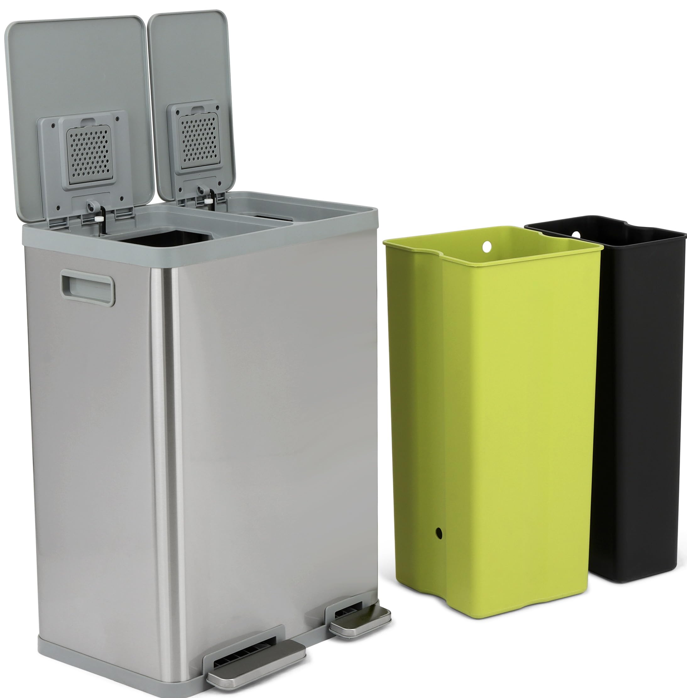 SIMPLI-MAGIC 60L/16 Gallon Stainless Steel Step Trash Can with Soft-Close Lid - Dual Compartment Recycling Bin for Kitchen, Office & Bathroom - Hands-Free Operation, Brushed Finish (38L x 22L Capacity) - Perfect for Waste Sorting & Space Saving