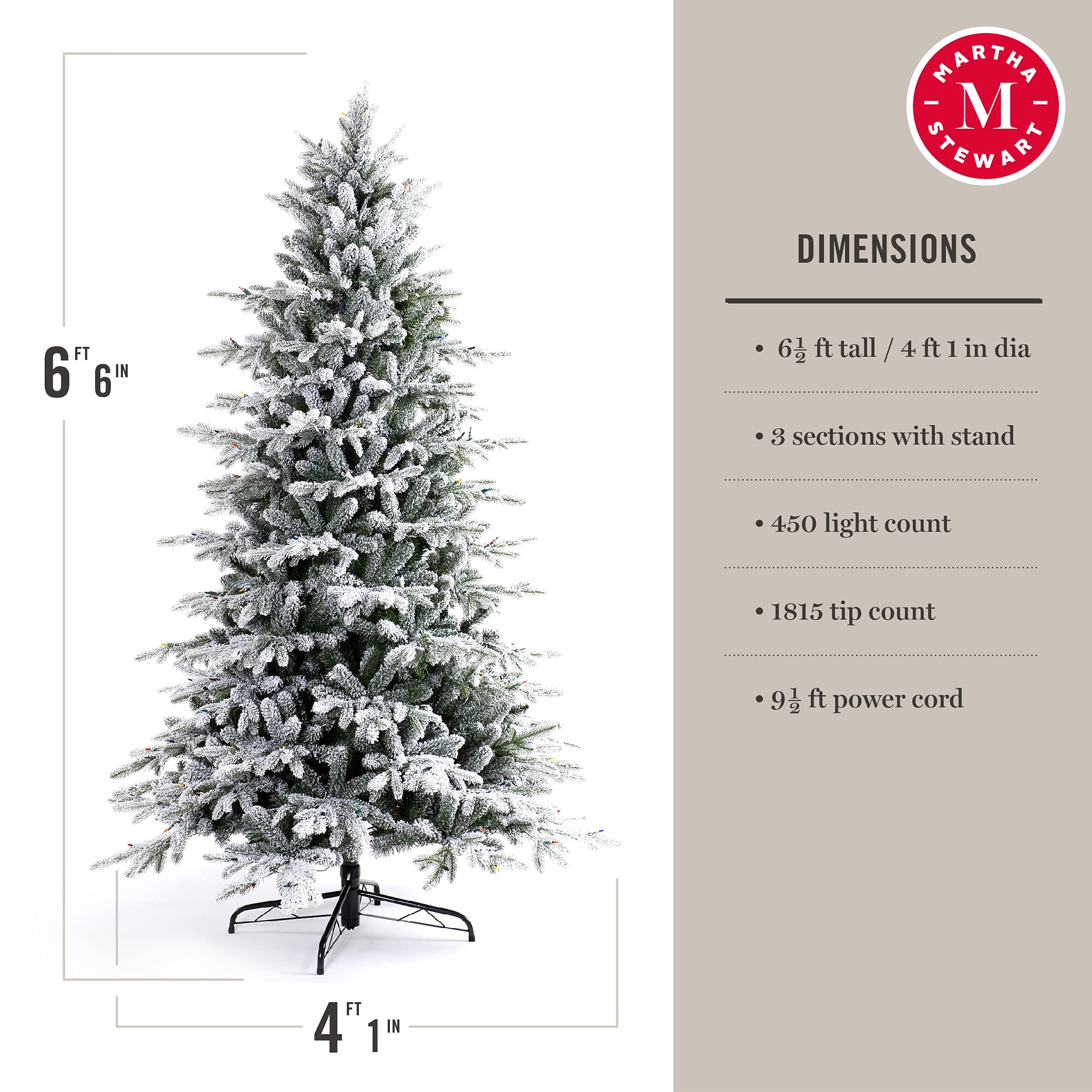 Martha Stewart 6.5ft Flocked Natural Pine Pre-Lit Artificial Christmas Tree with Clear White Lights - Perfect for Holiday Home Decor & Festive Celebrations