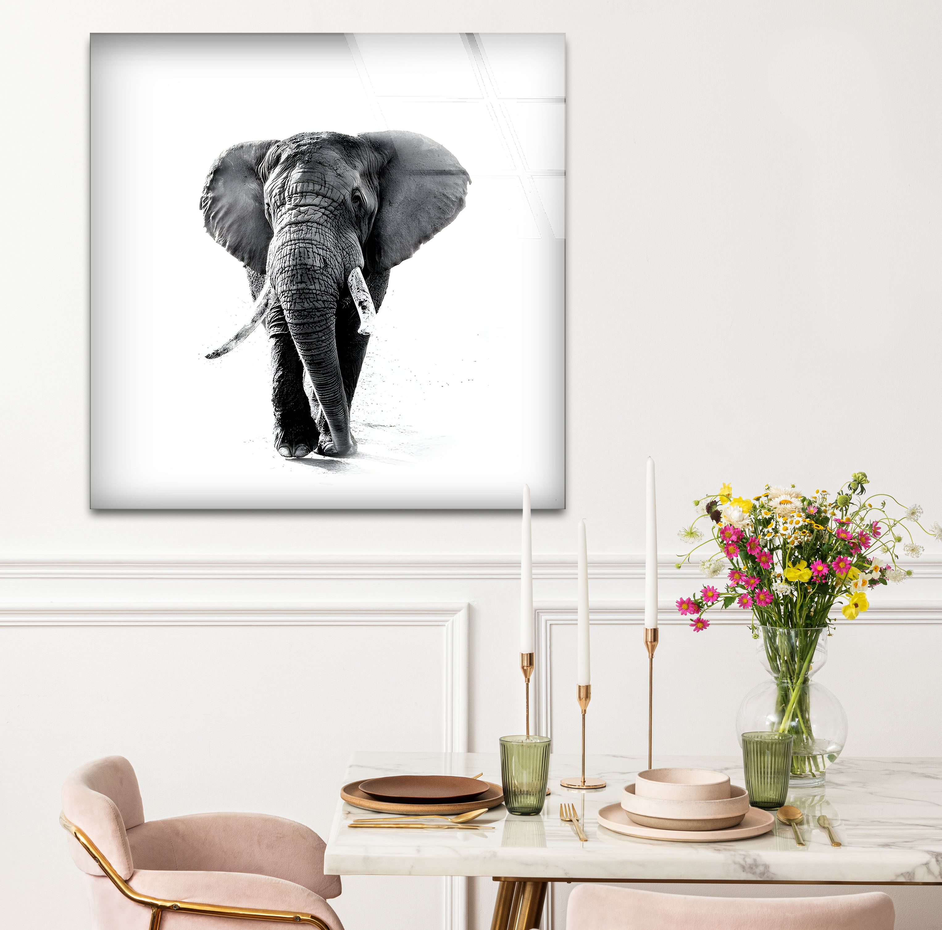 Elegant Black and White Majestic Elephant Glass Wall Art - Handmade Home Decor for Living Room, Bedroom, or Office - Perfect Gift for Elephant Lovers