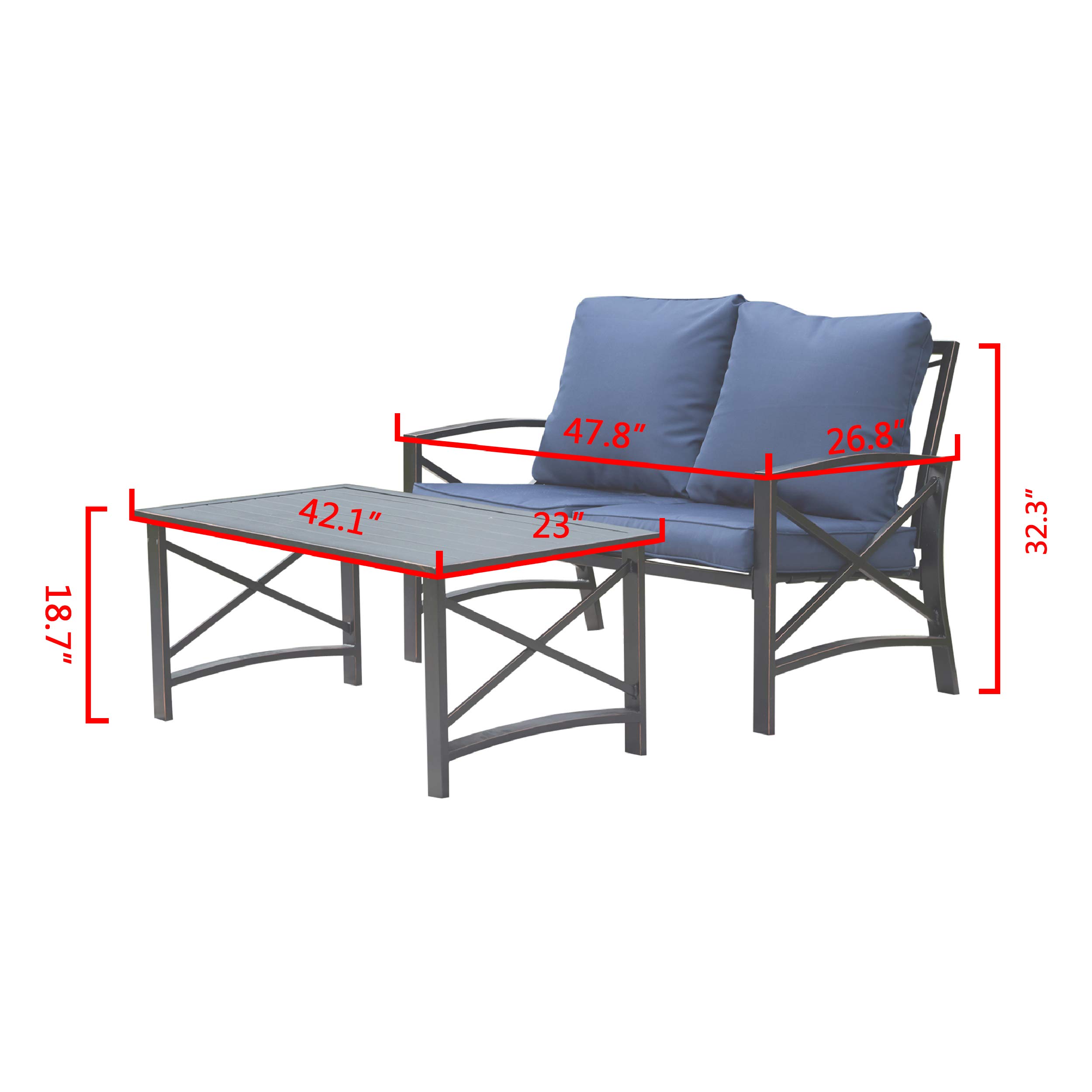 Modern Outdoor Patio Conversation Sectional Set - 2-Piece Loveseat with Cushions & Coffee Table, Durable Metal Frame - Perfect for Poolside, Backyard, Lawn or Garden Relaxation (Blue)