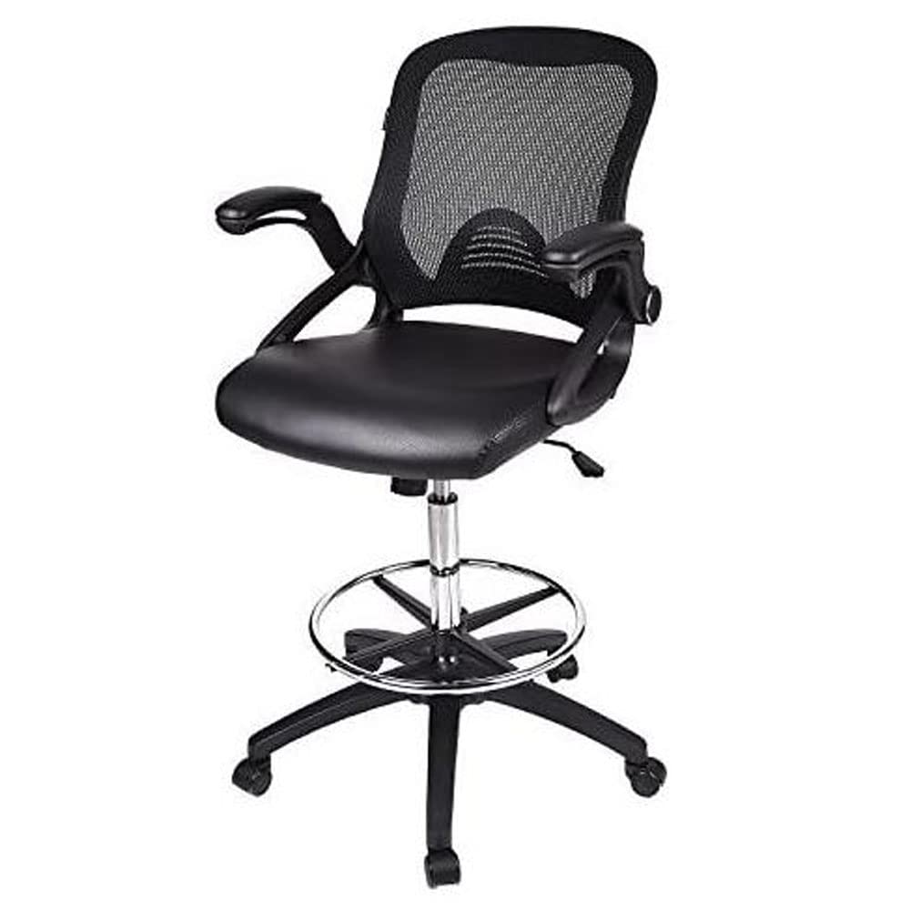 ARTETHYS Drafting Chair with Flip-Up Armrests - Adjustable Height Office Chair for Standing Desks, Rotating PU Leather Seat (Black) - Perfect for Architects, Artists & Home Office Workspaces