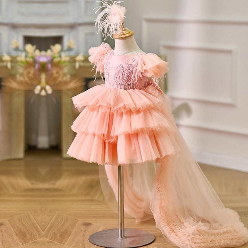 **Elegant Puffy Princess Dress for Girls - Birthday Party Gown with Train - Perfect for Cake Smash, Photo Shoots & Special Occasions**