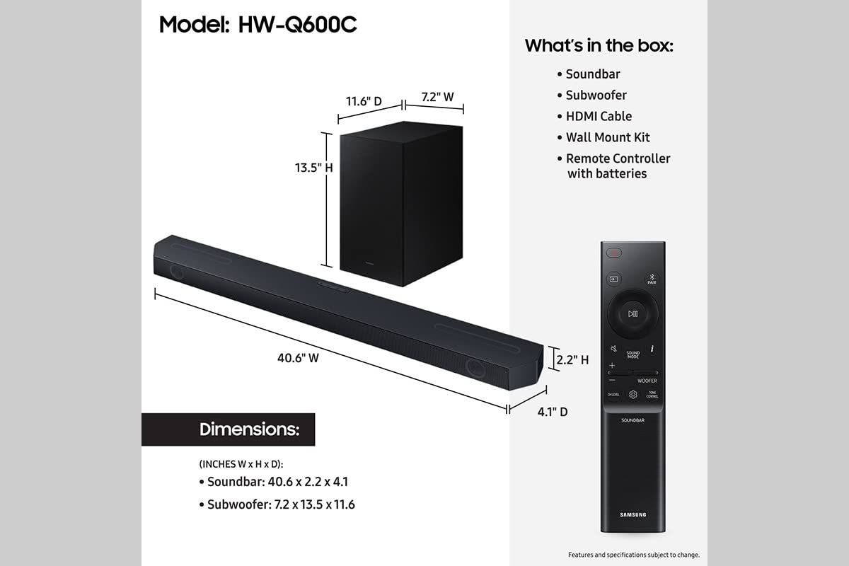 SAMSUNG HW-Q600C 3.1.2ch Soundbar with Dolby Audio & Q-Symphony | Adaptive Sound, HDMI eARC, Game Mode Pro | Bluetooth Wireless Speaker with Acoustic Beam Technology | Perfect for Home Theater, Gaming & Movie Nights