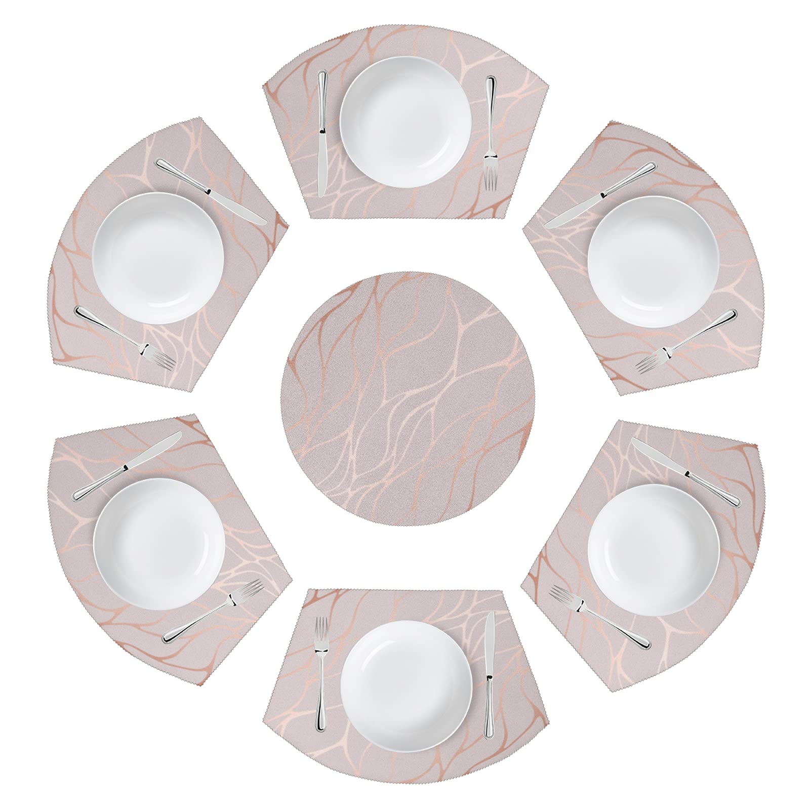 Rose Gold Marble Round Table Placemats Set of 6 with Wedge Design - Heat Resistant & Non-Slip Dining Placemats for Kitchen, Home, Farmhouse - Perfect for Dinner Parties, Holiday Gatherings & Everyday Use
