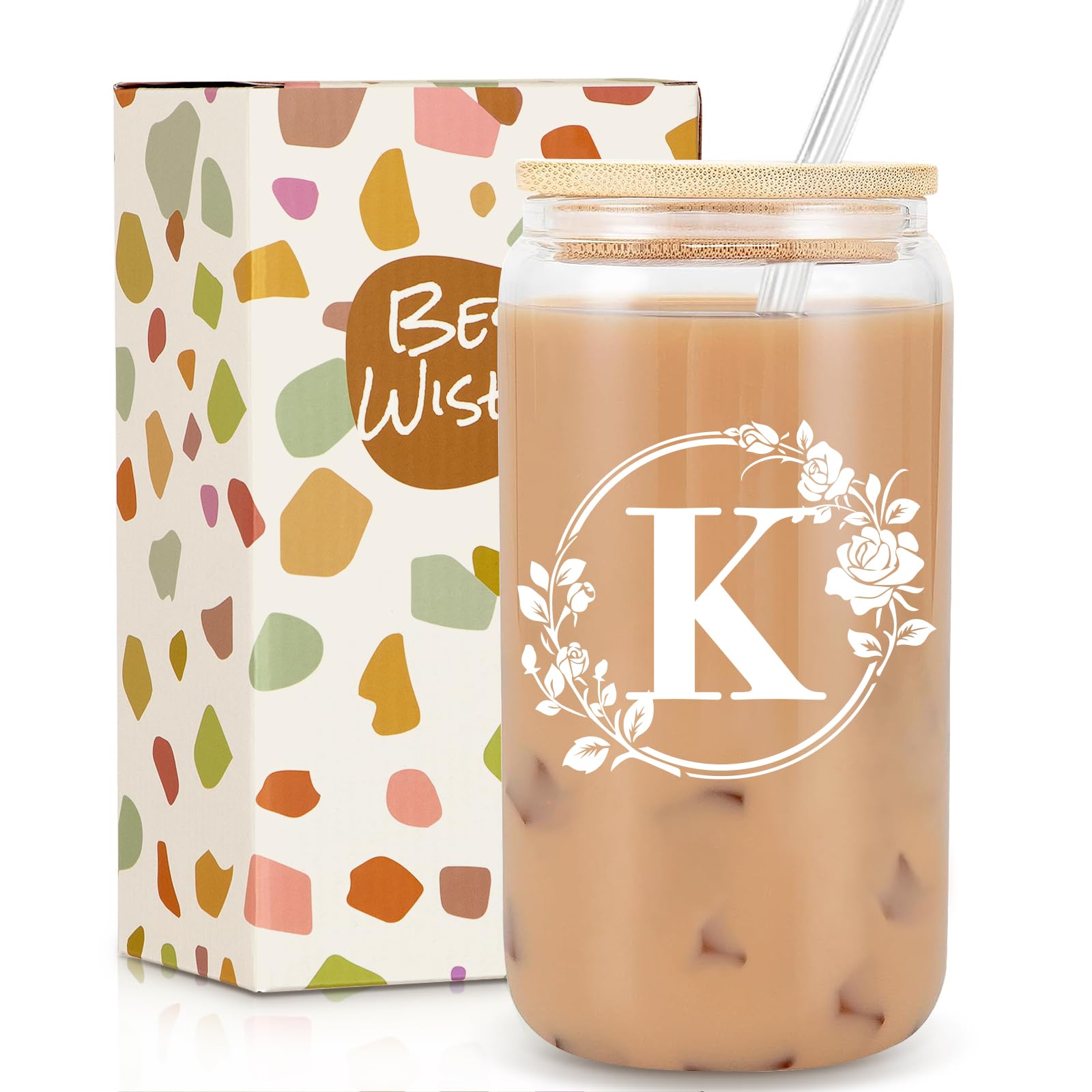 Personalized Monogrammed Initial 16oz Glass Cup with Lid & Straw - Custom Birthday & Christmas Gifts for Women - Iced Coffee & Beer Can Shaped Drinking Glass for Home, Office & Party Use