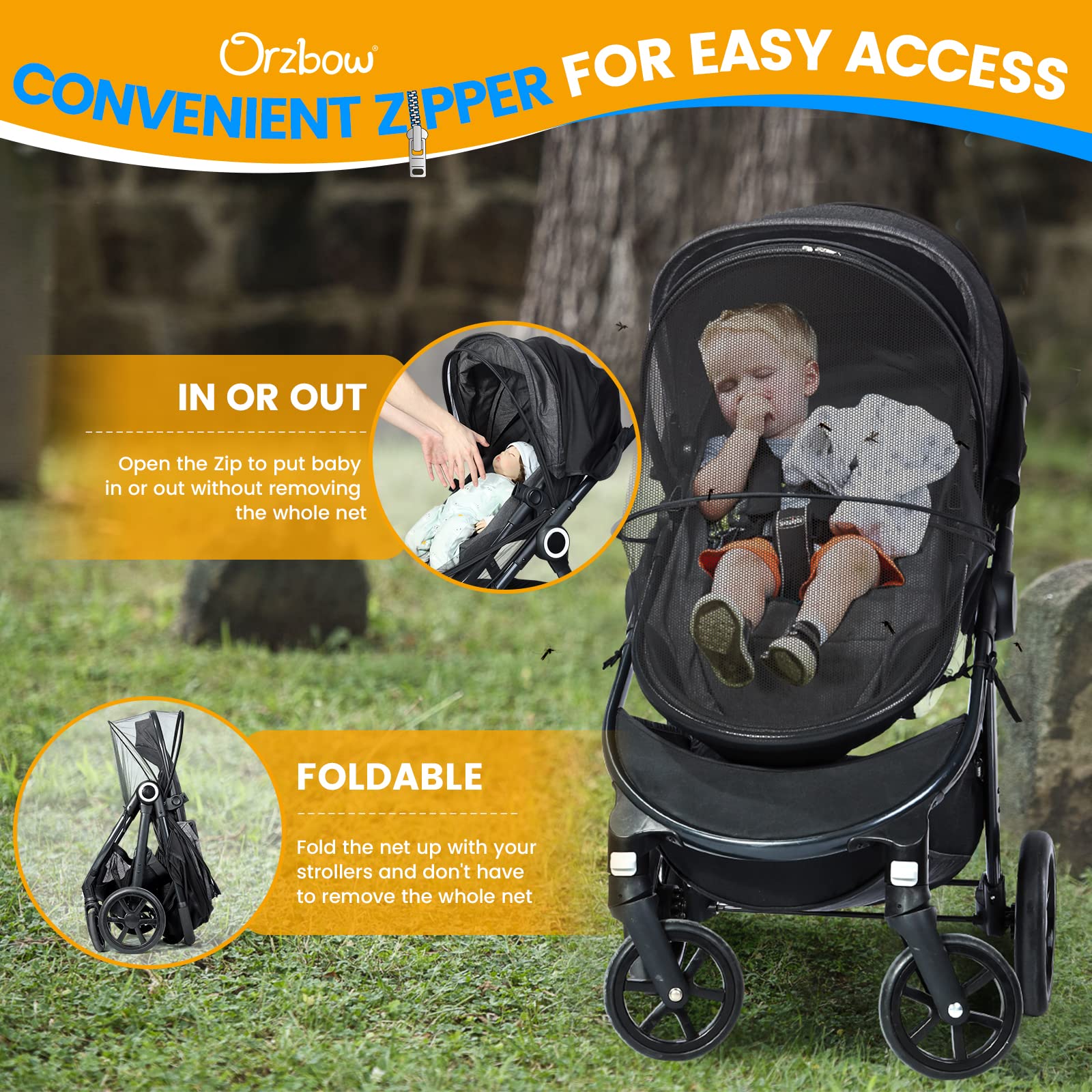 Orzbow 2-in-1 Baby Stroller Mosquito Net with UPF50+ Sun Protection - Breathable Infant Carrier Cover with Two-Way Zipper & Storage Bag - Fits Bassinet, Carrycot & Car Seat - Black - Perfect for Outdoor Walks, Park Visits & Travel